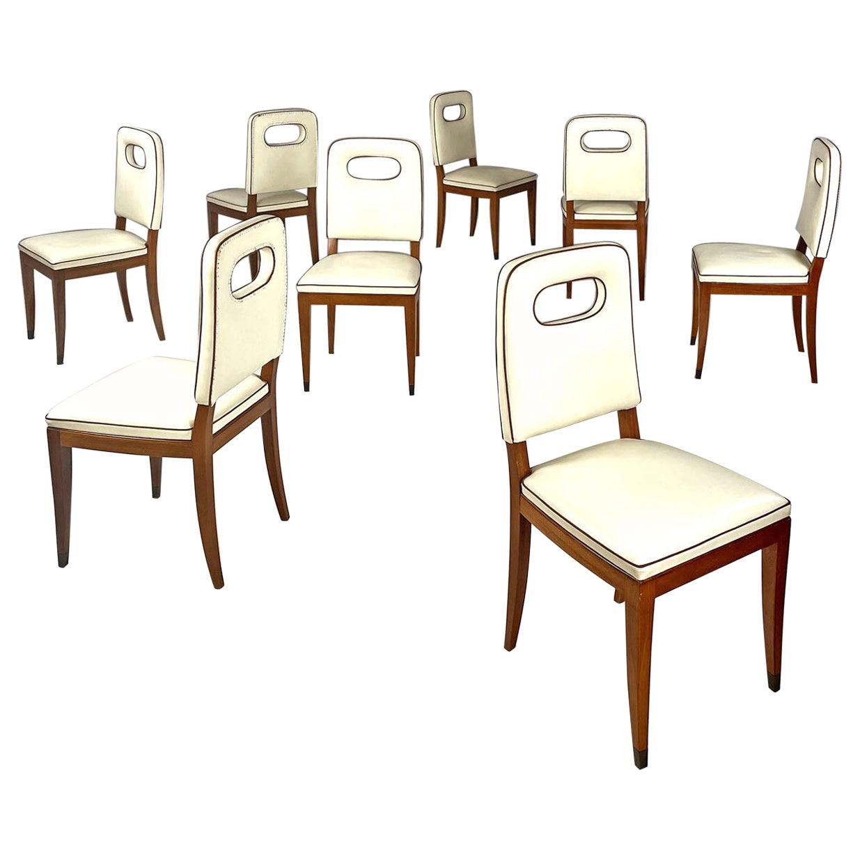 Italian Art Deco white leather and wood chairs by Giovanni Gariboldi, 1940s For Sale