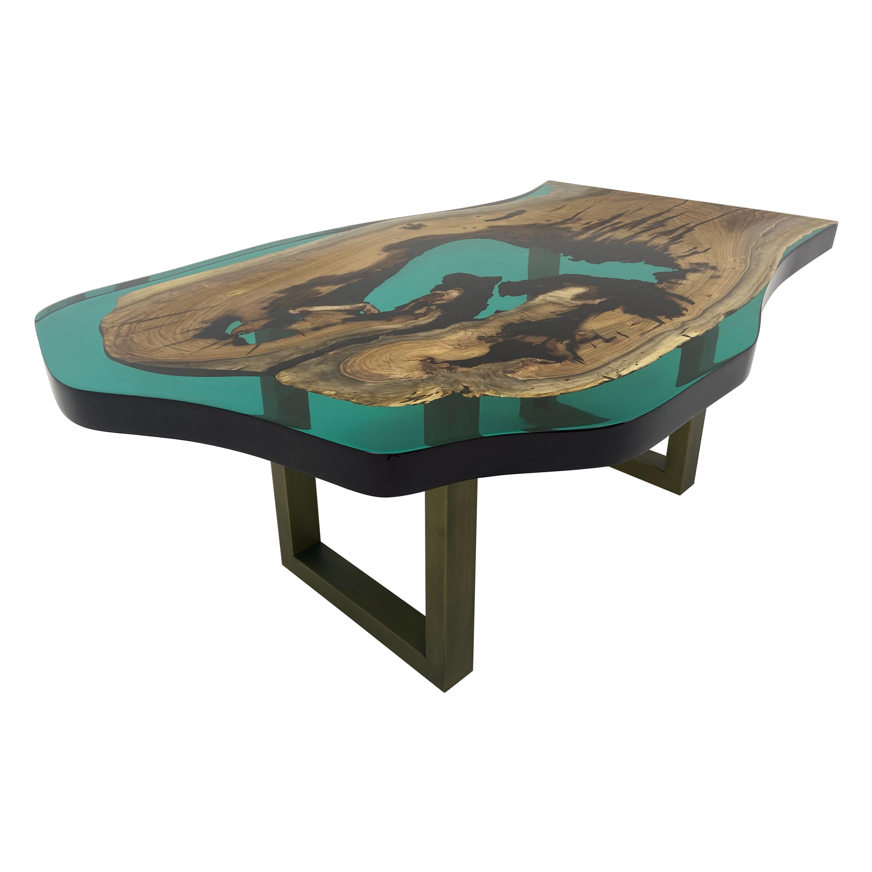 Solid Walnut Turquoise Epoxy Resin Coffee Table For Sale