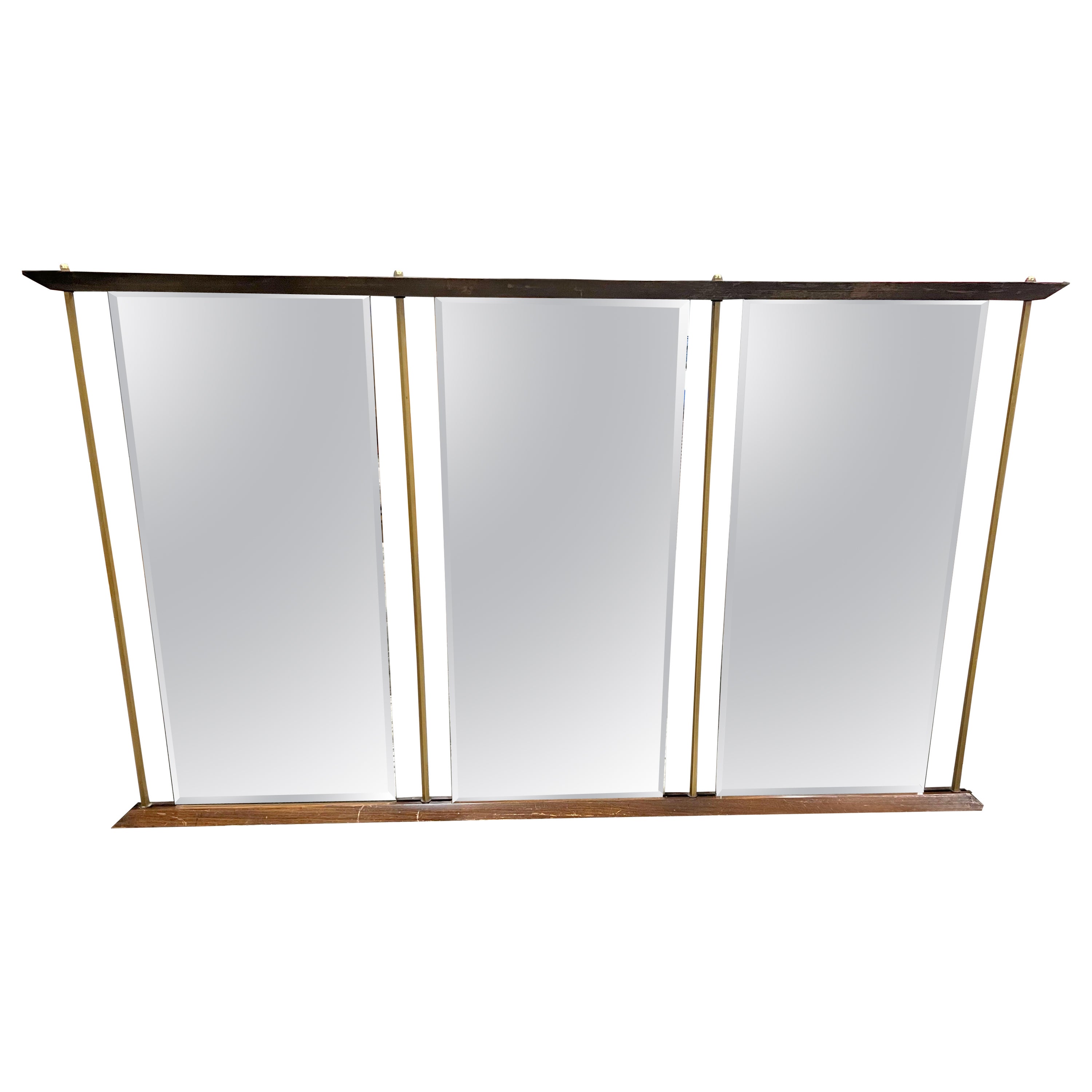 Mid-Century Modern Monumental Brass and Walnut 3 Panel Beveled Wall Mirror For Sale