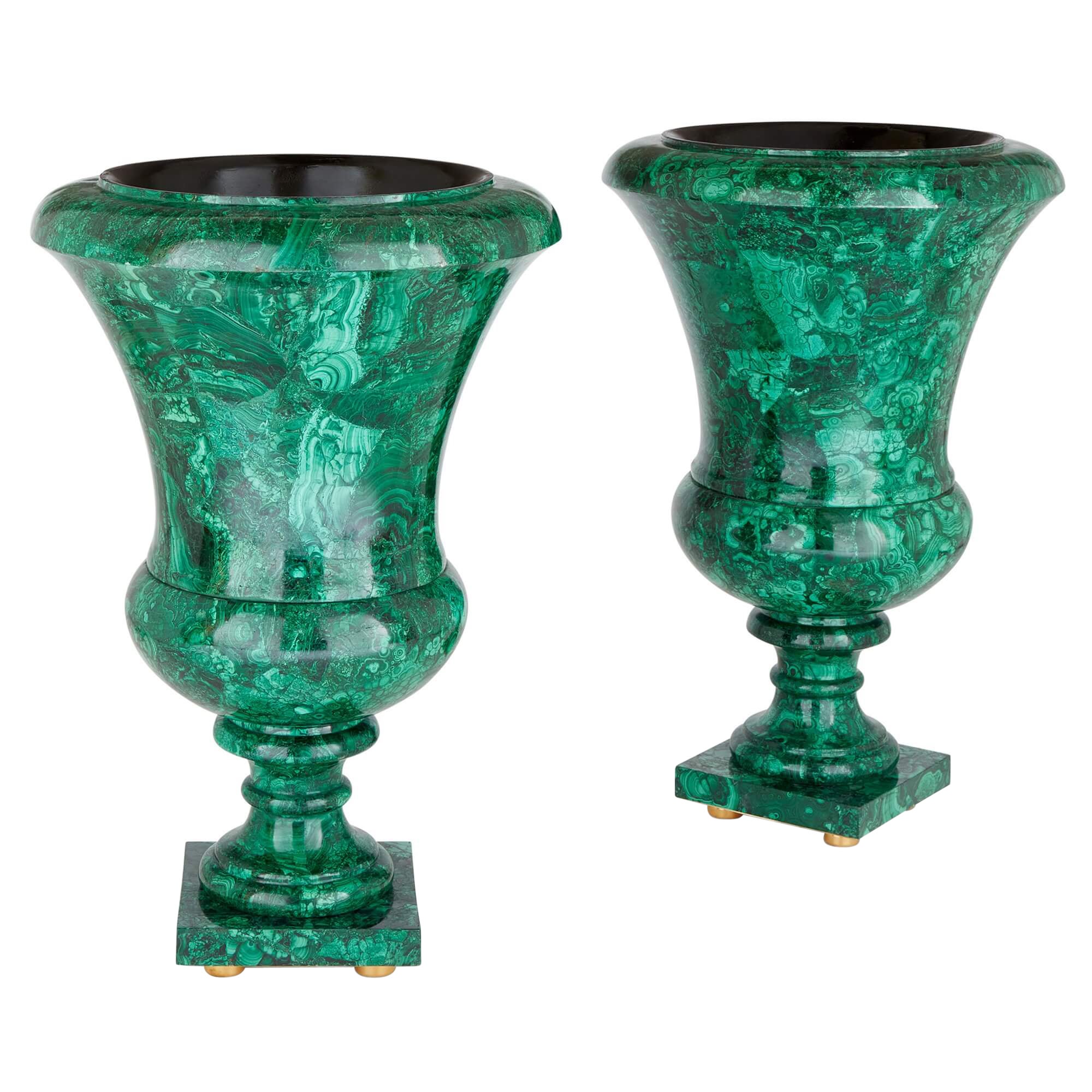Pair of Large French Malachite Vases  For Sale