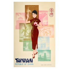 Poster di viaggio originale dell'Asia d'epoca Taiwan Repubblica di Cina Taipei Cheongsam