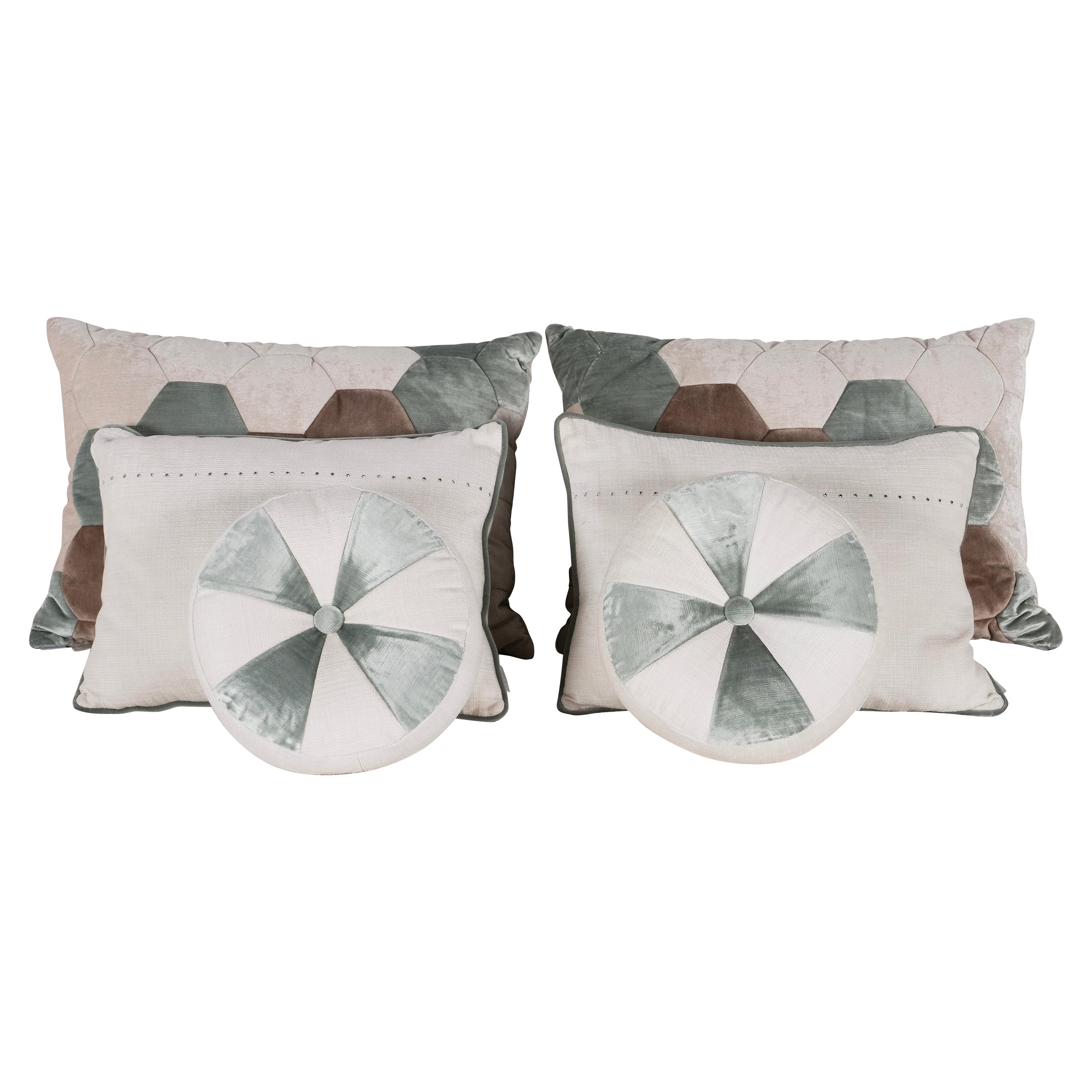 Set of 6 Decorative Pillows Cream Mint Green and White Lace Swarovski Lusitanus For Sale