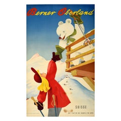 Poster di viaggio per gli sport invernali originale d'epoca Berner Oberland Svizzera Orso