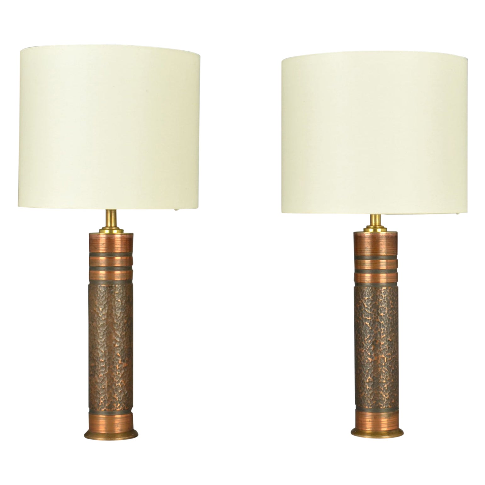 Pair of Small Copper Cylinder Table Lamps  For Sale