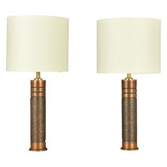 Retro Pair of Small Copper Cylinder Table Lamps 