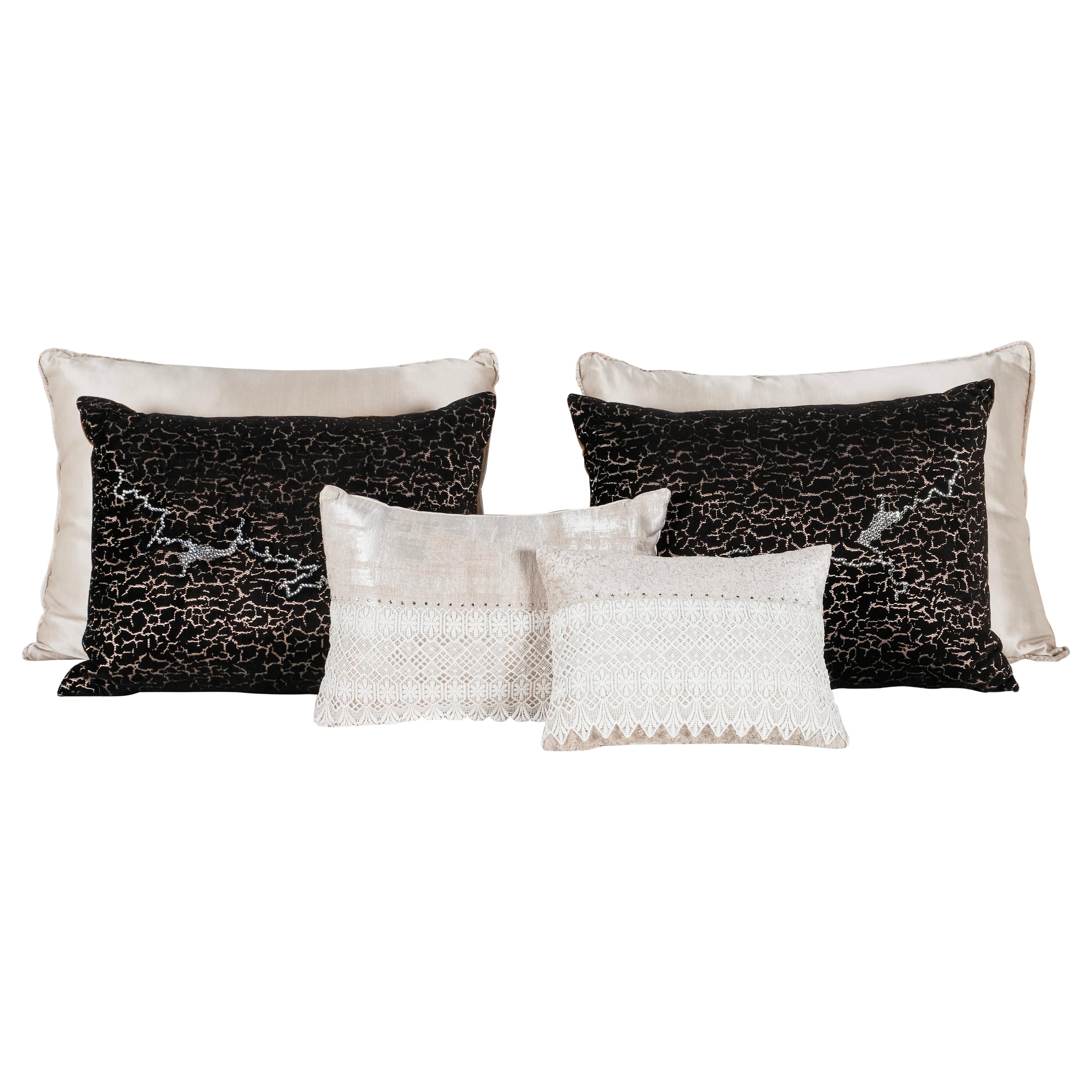 Set of 6 Decorative Pillows Cream Black and White Lace Swarovski Lusitanus For Sale