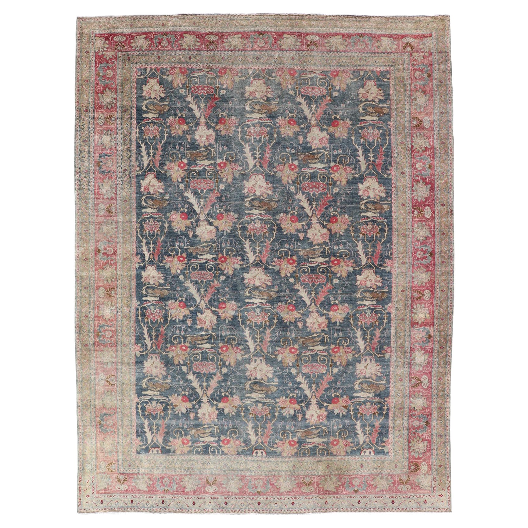 Antiker persischer Tabriz-Teppich mit Brid-Design in Blau Keivan Woven Arts 8'8 x 12'