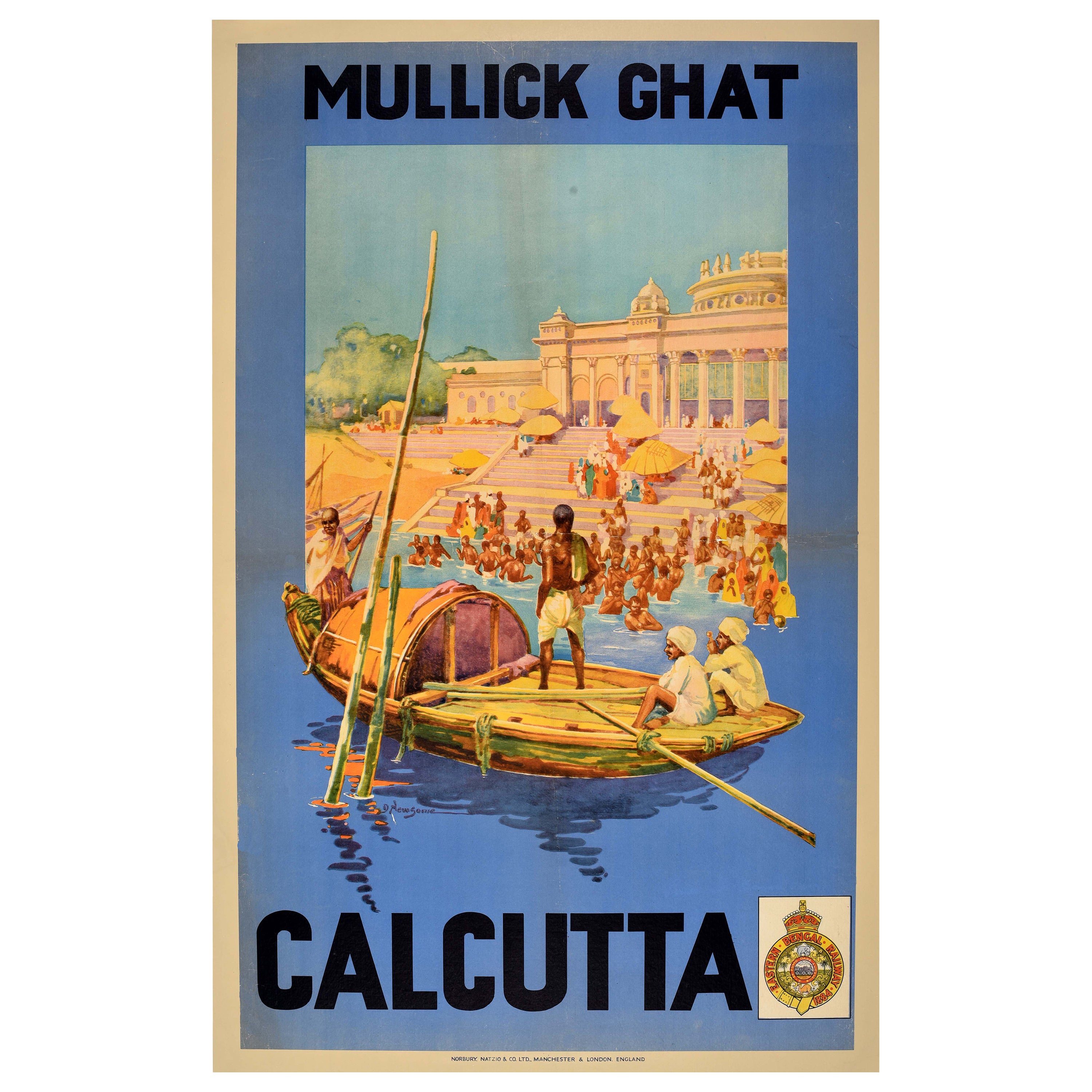 Original Antikes Reiseplakat Calcutta Kolkata Indien Ostbengalen Eisenbahn, Ostbengalen im Angebot