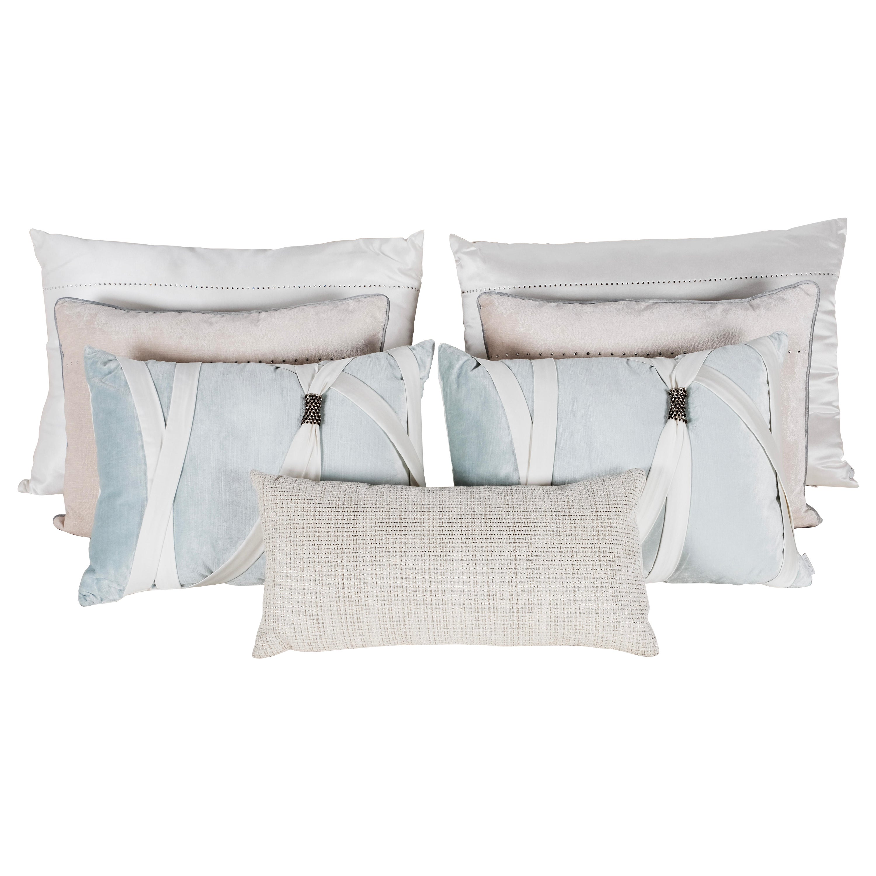 Set of 7 Decorative Pillows Pearl Cream Light Blue Swarovski by Lusitanus For Sale