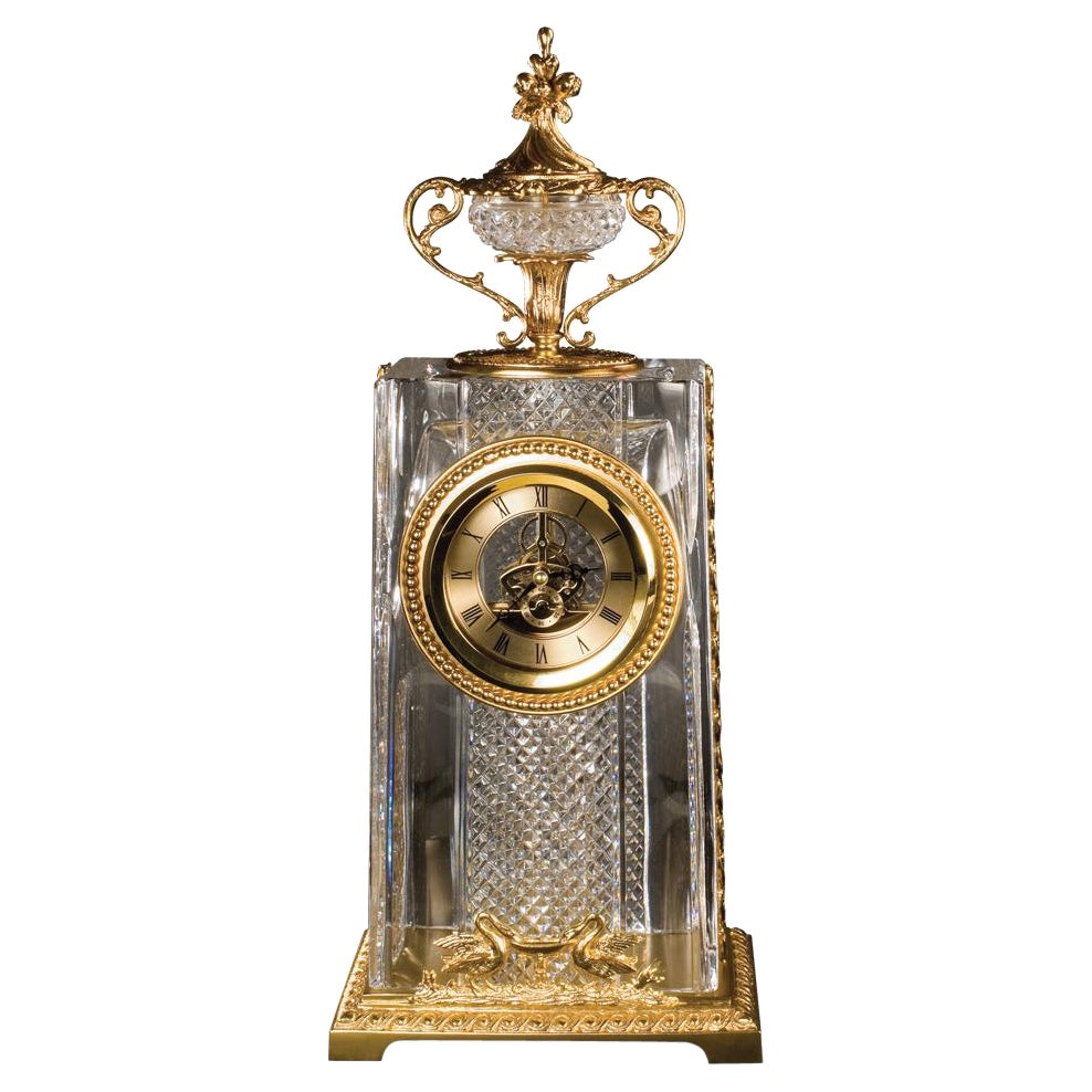 21st Century, Hand Carved Clear Crystal and golden Bronze Clock For Sale