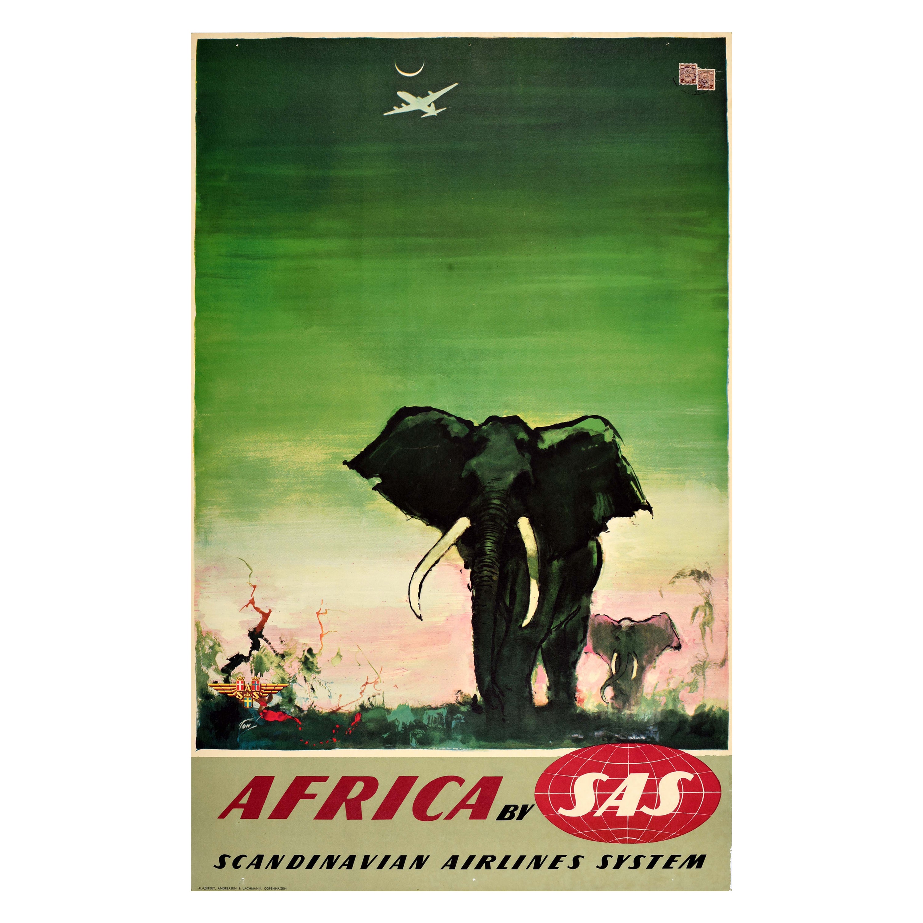 Affiche de voyage vintage d'Afrique de la compagnie SAS Airline Otto Nielson, dessin d'éléphants