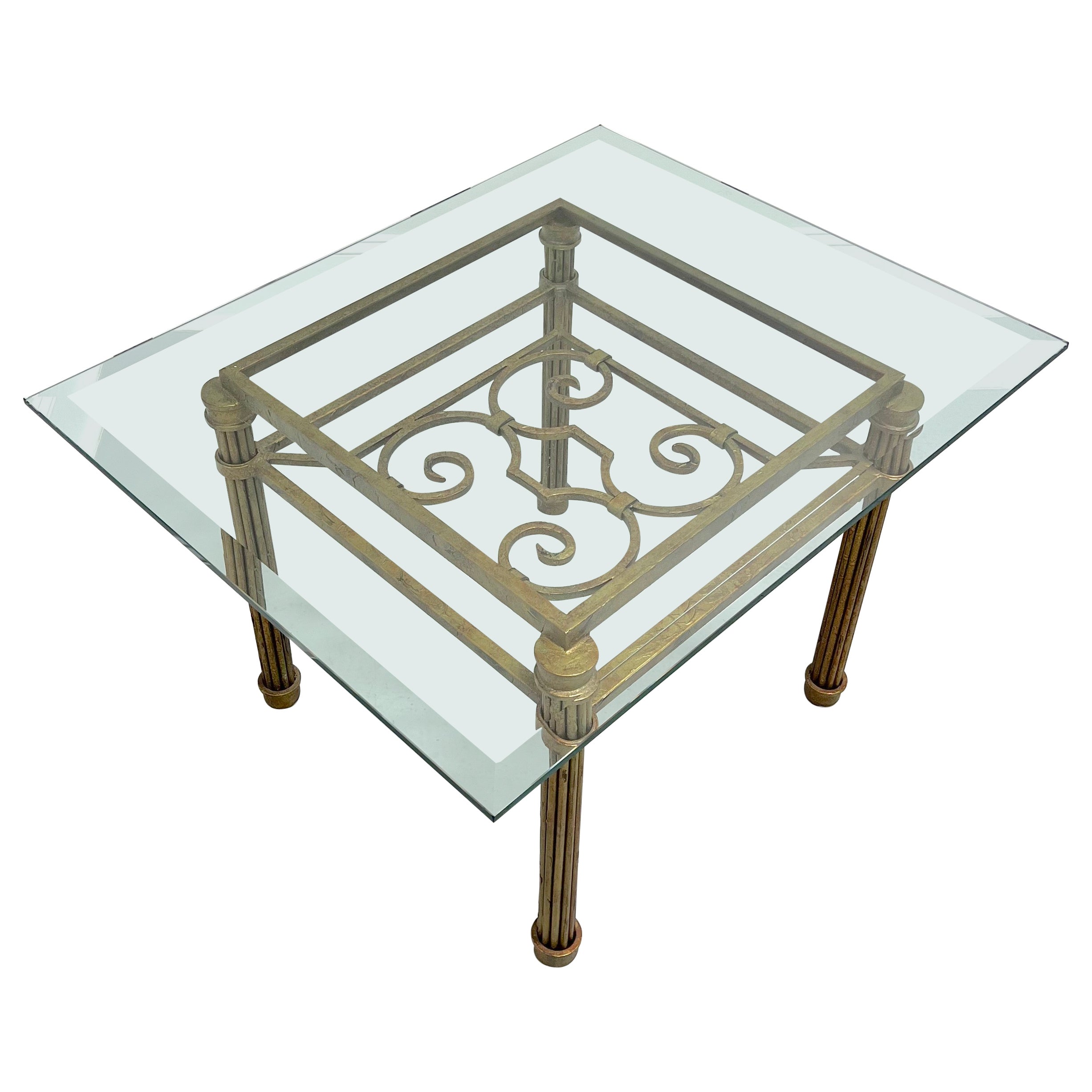 Late 20th Century Distressed Cast Metal Glass Top Coffee Cocktail Table For Sale