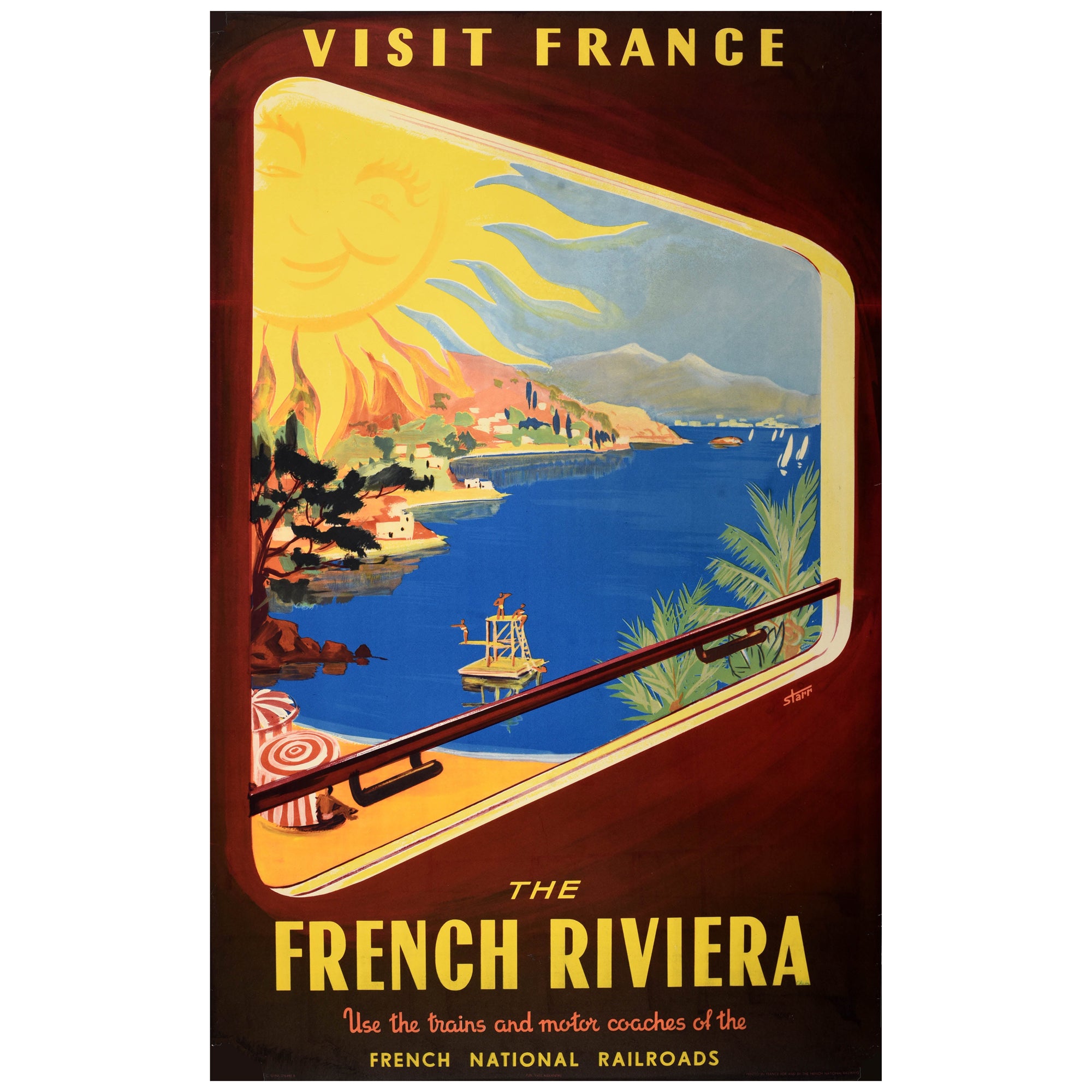 Affiche de voyage originale de la Côte d'Azur SNCF Visit France Starr du milieu du siècle dernier