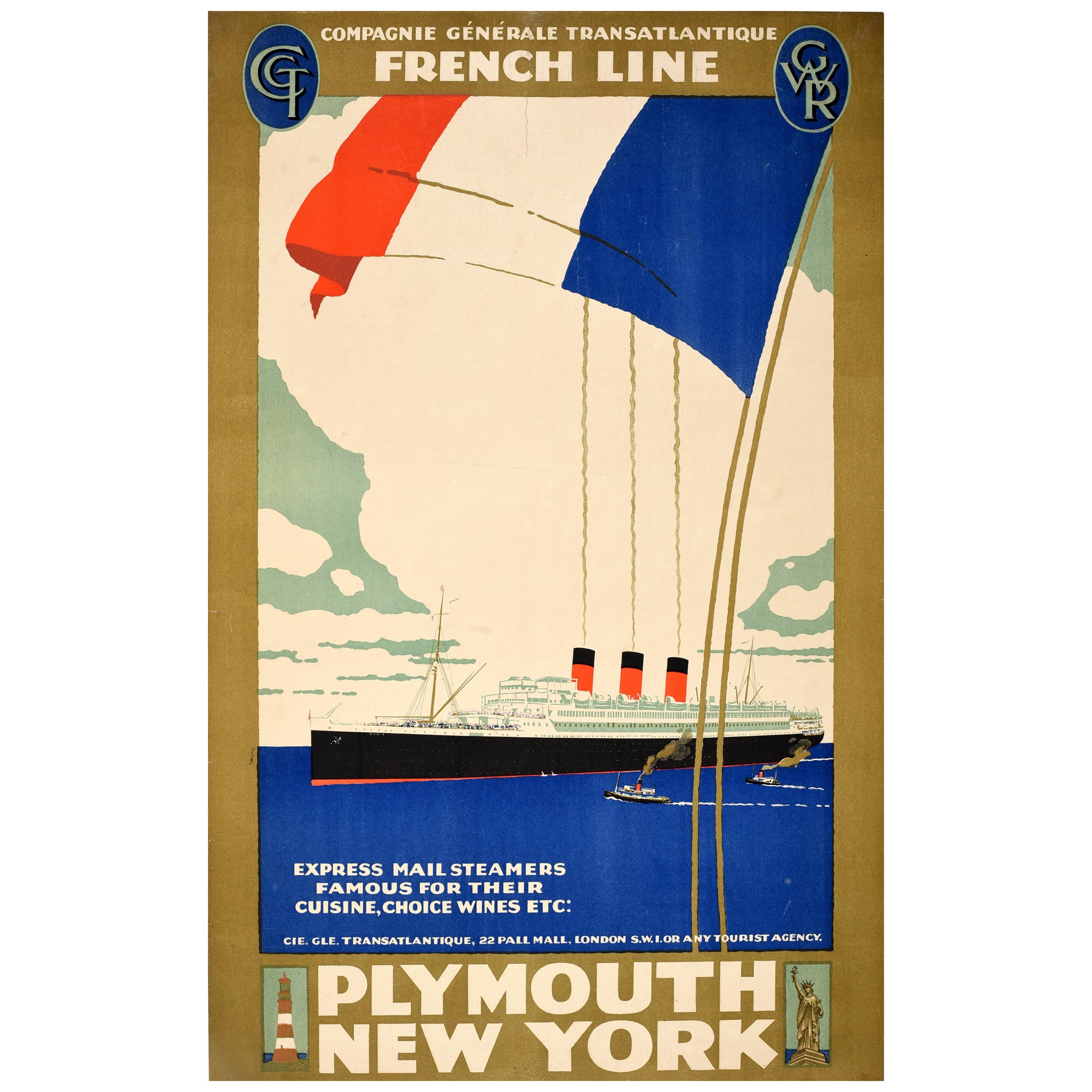 Original Vintage Cruise Travel Poster French Line Plymouth New York Art Deco For Sale