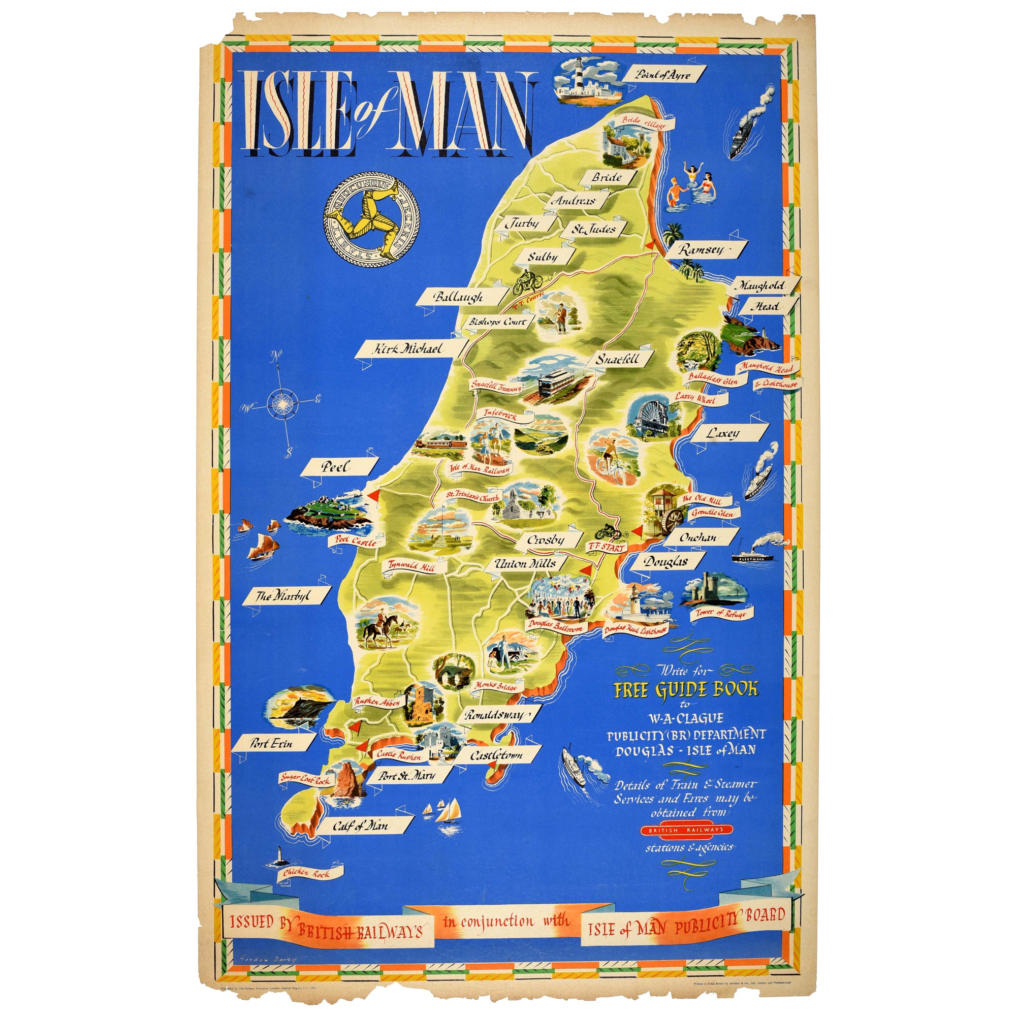 Original Vintage Train Travel Map Poster Isle Of Man British Railways UK Manx