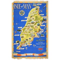 Original Antique Train Travel Map Poster Isle Of Man British Railways UK Manx