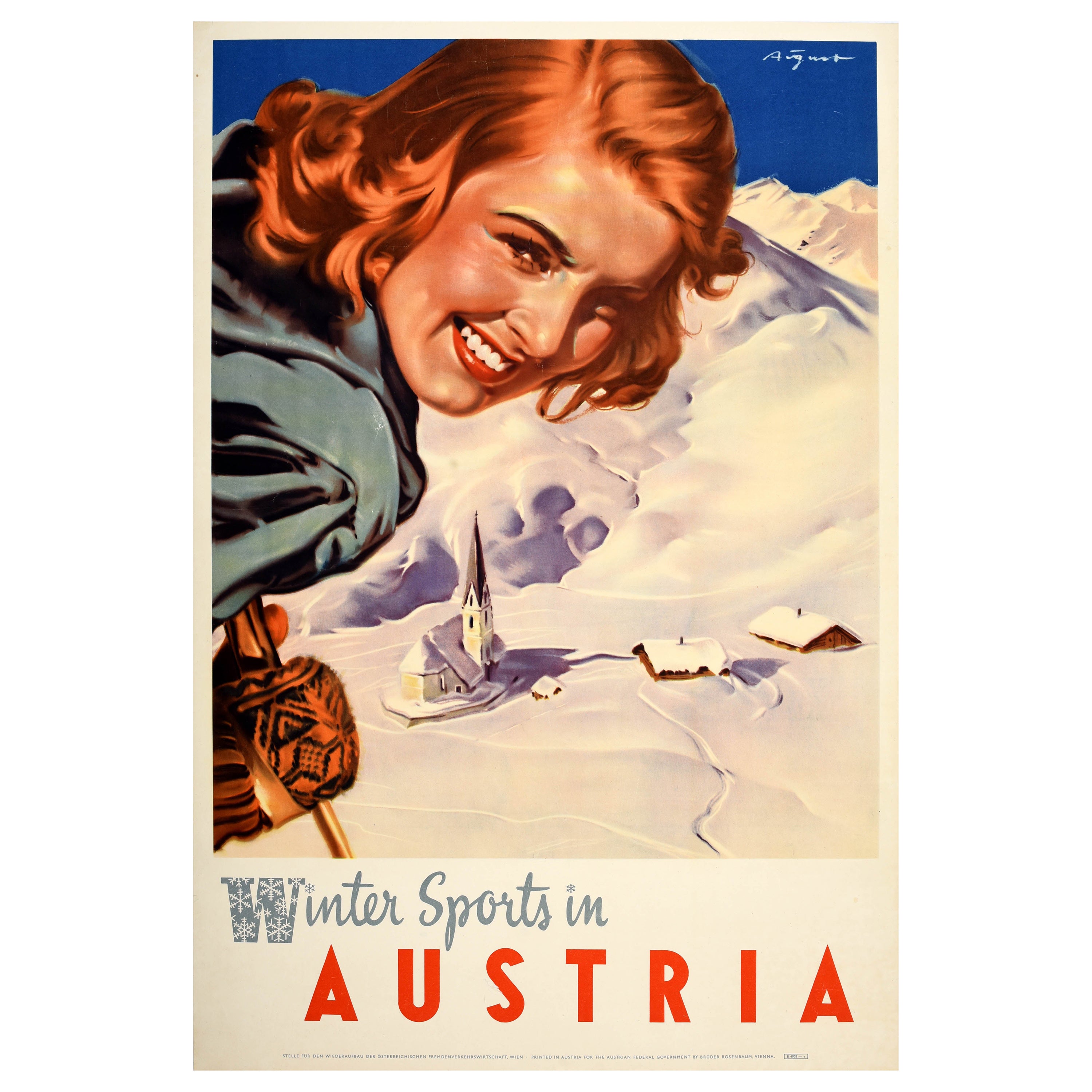 Original Vintage Skiing Travel Poster Winter Sports in Austria Paul Aigner For Sale