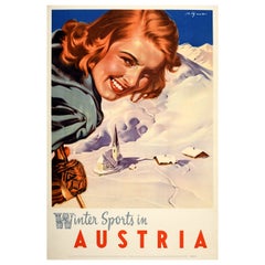 Affiche vintage originale de voyage de ski en Autriche Paul Aigner