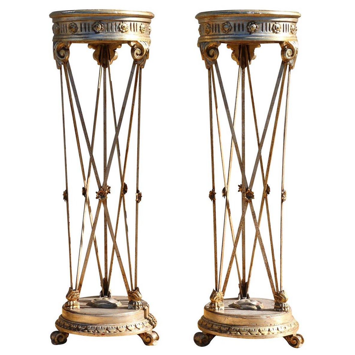 Pair of Antique Italian Wrought Iron and Silver Leaf Wood Plant Stands/Pedestal For Sale