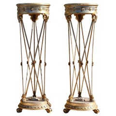 Pair of Antique Italian Wrought Iron and Silver Leaf Wood Plant Stands/Pedestal