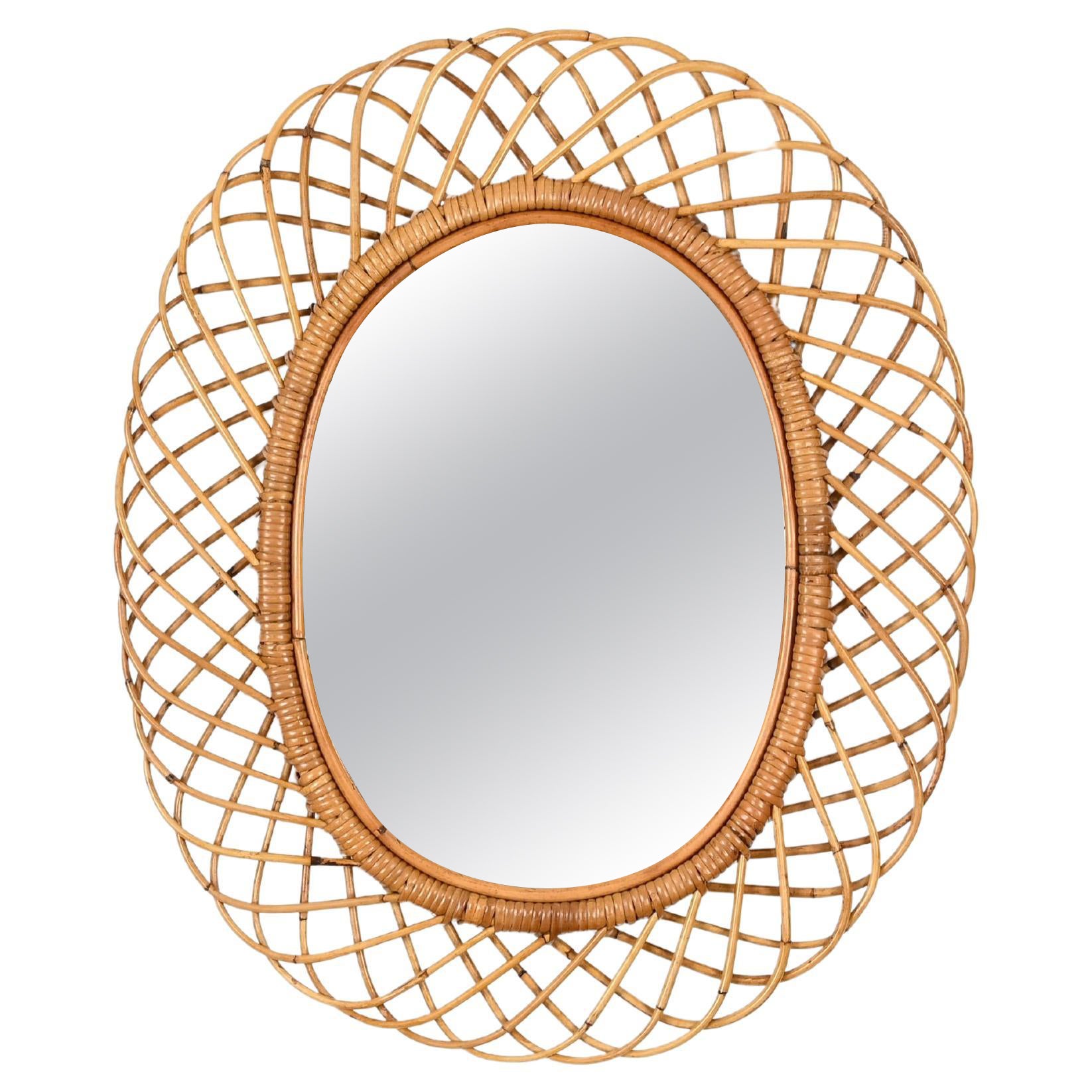 Franco Albini French Riviera Rattan and Bamboo Oval Mirror, Italy 1960s
