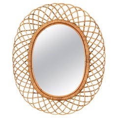 Vintage Franco Albini French Riviera Rattan and Bamboo Oval Mirror, Italy 1960s
