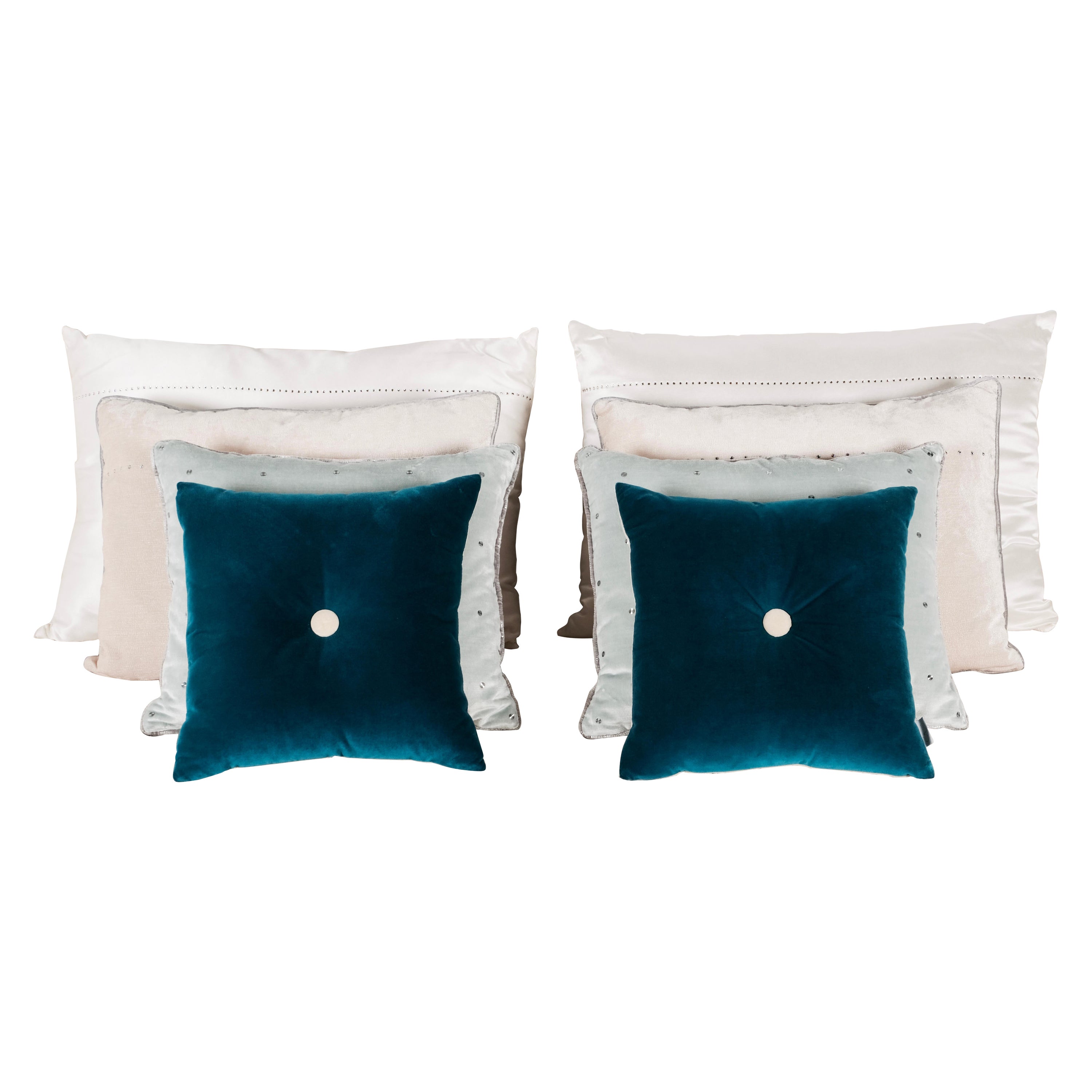 Set of 8 Decorative Pillows Pearl White Blue Swarovski by Lusitanus For Sale