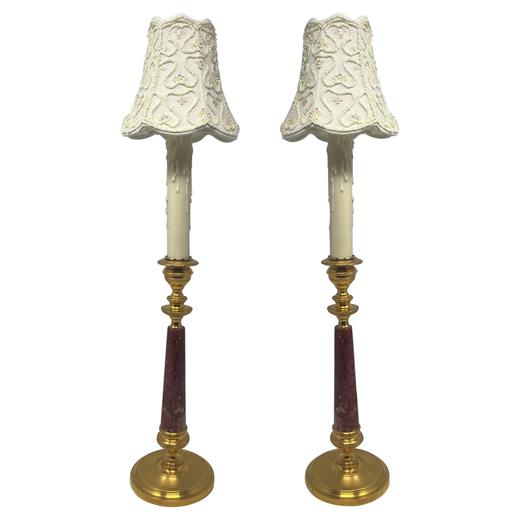 Pair Antique French Rouge Marble & Gold Bronze Candle Lamps, Circa 1890-1910. For Sale