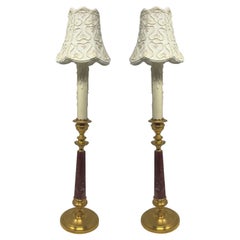 Pair Used French Rouge Marble & Gold Bronze Candle Lamps, Circa 1890-1910.