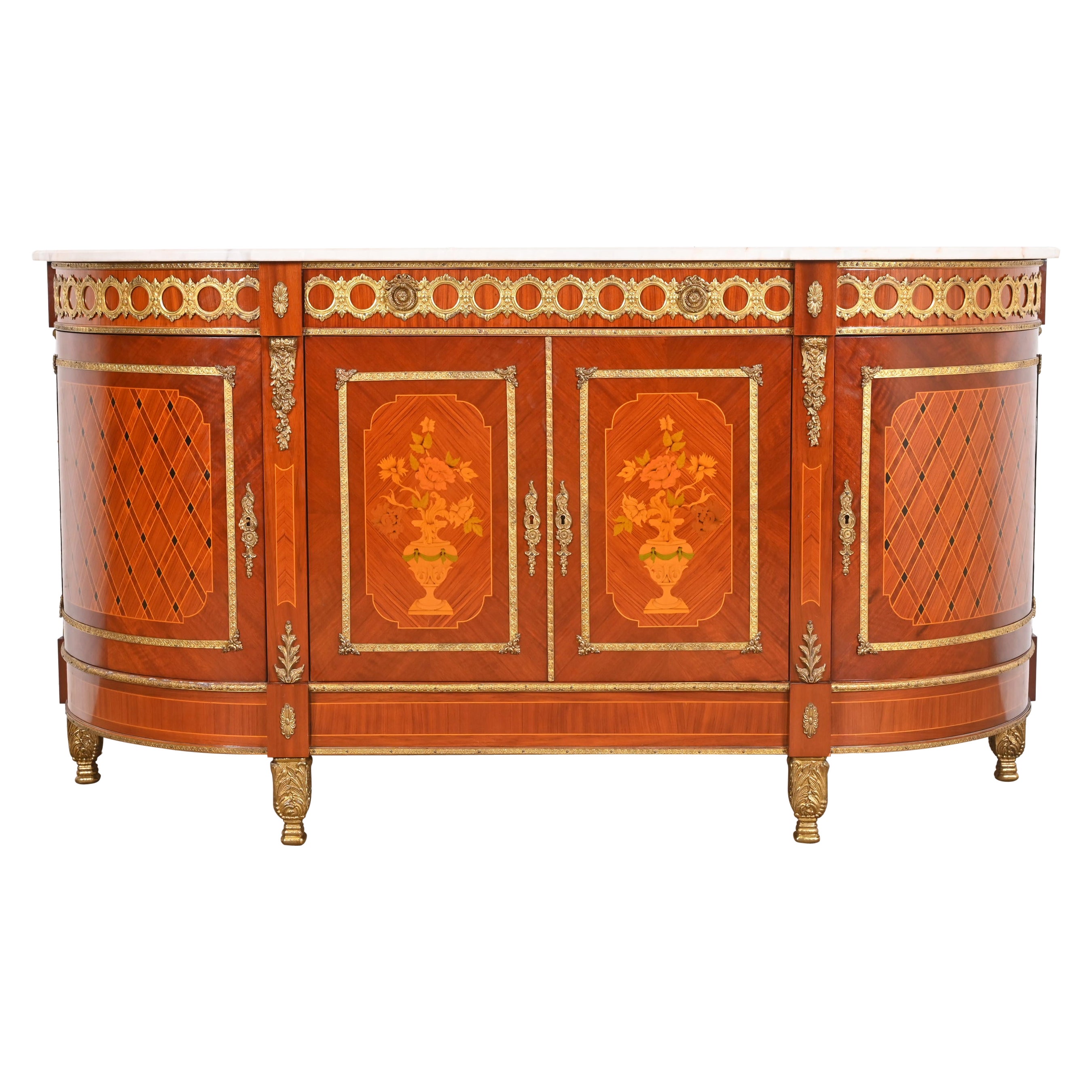 French Louis XVI Kingwood Inlaid Marquetry Marble Top Bronze Mounted Sideboard For Sale