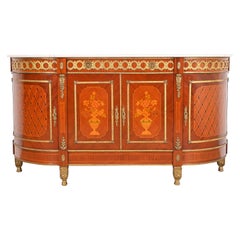 Vintage French Louis XVI Kingwood Inlaid Marquetry Marble Top Bronze Mounted Sideboard