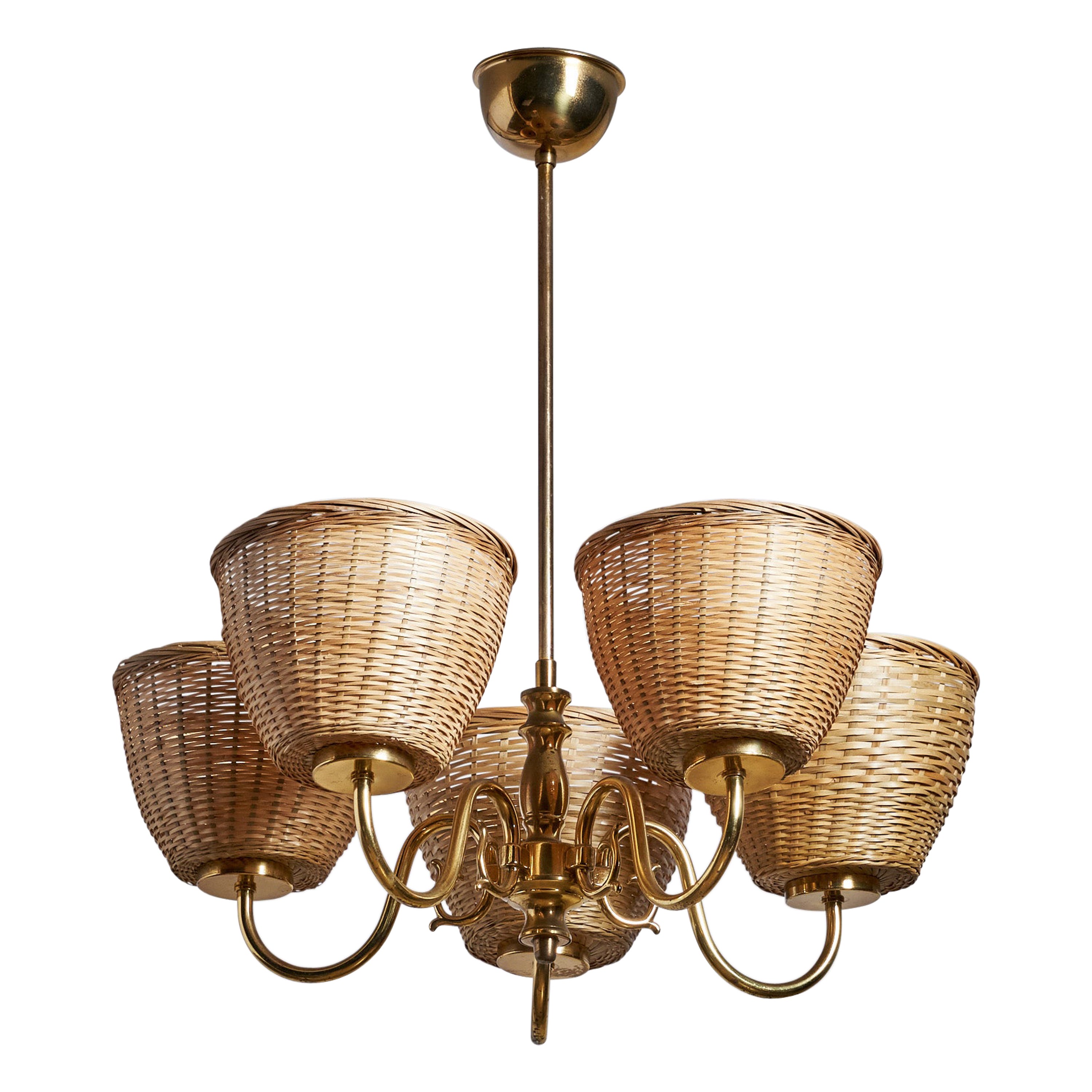 Schwedischer Designer, Kronleuchter, Messing, Rattan, Schweden, 1940er Jahre