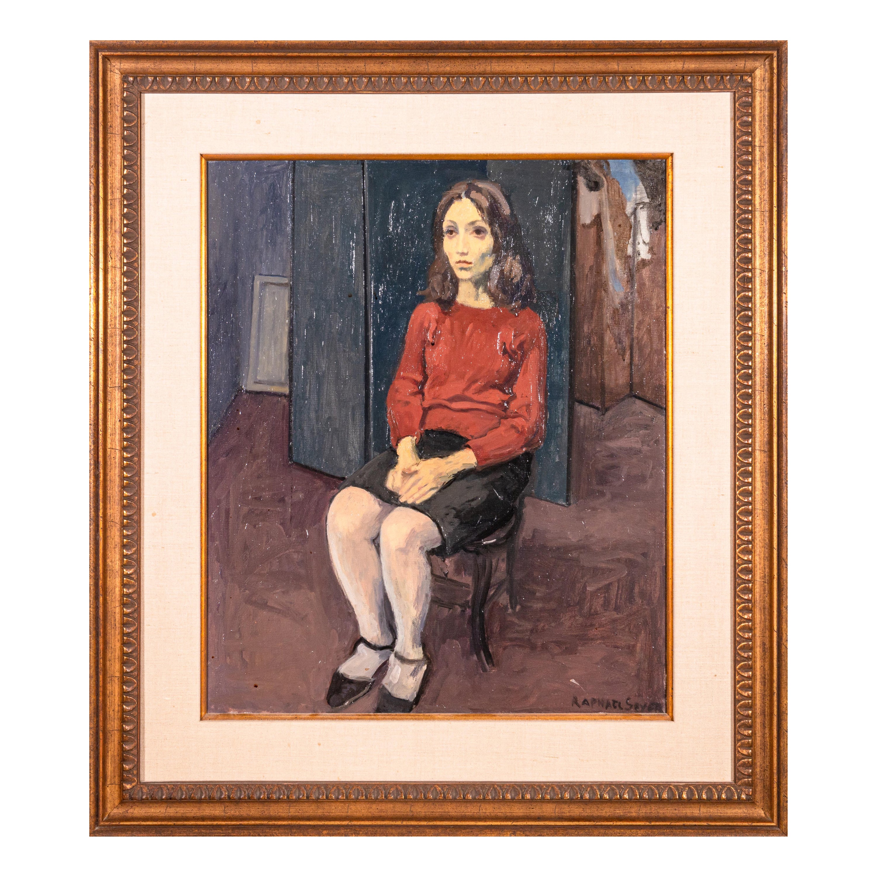 Raphel Soyer Seated Girl Signé Vintage Modern Figurative Peinture à l'huile originale en vente