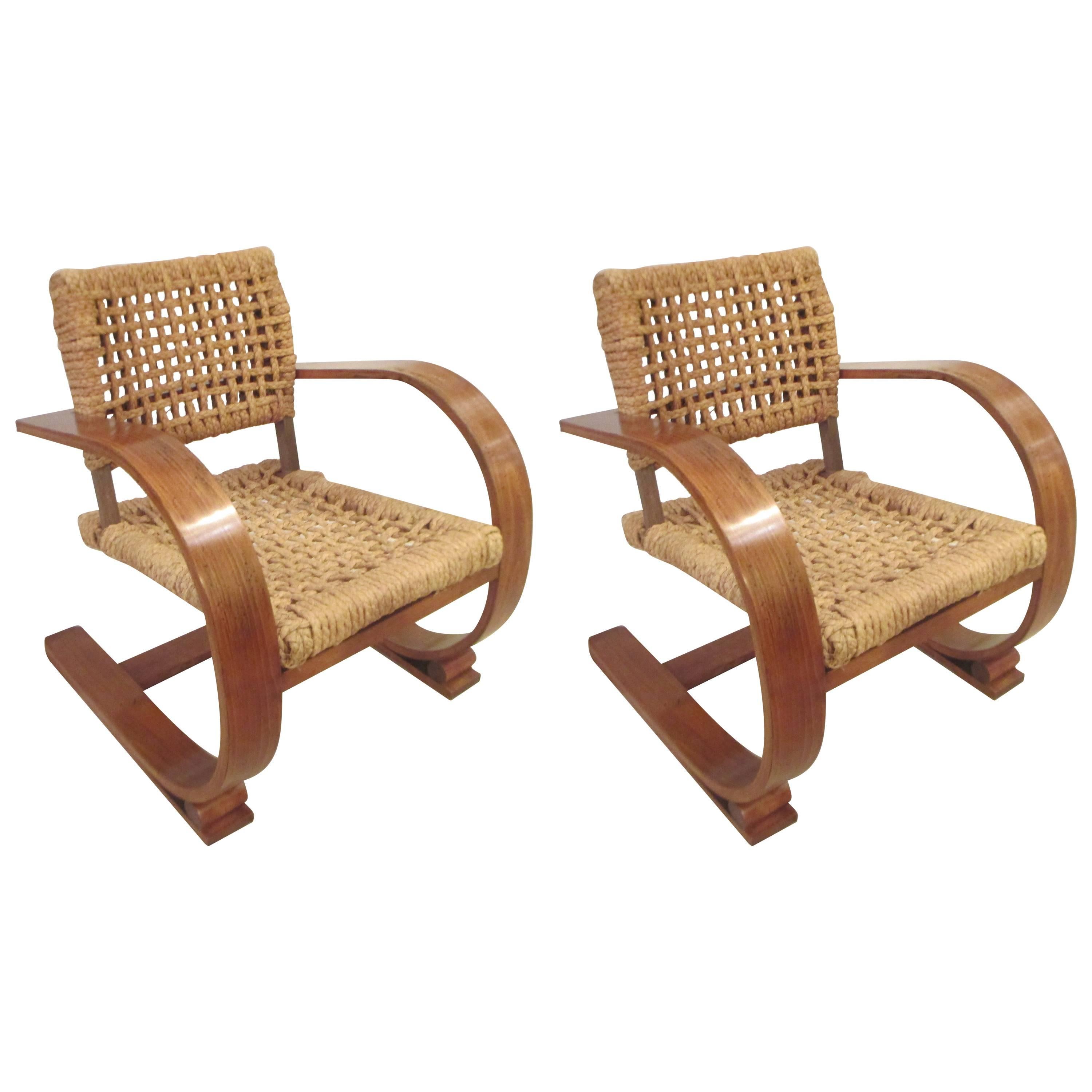 Pair of Audoux Minet French Mid-Century Rope Chairs