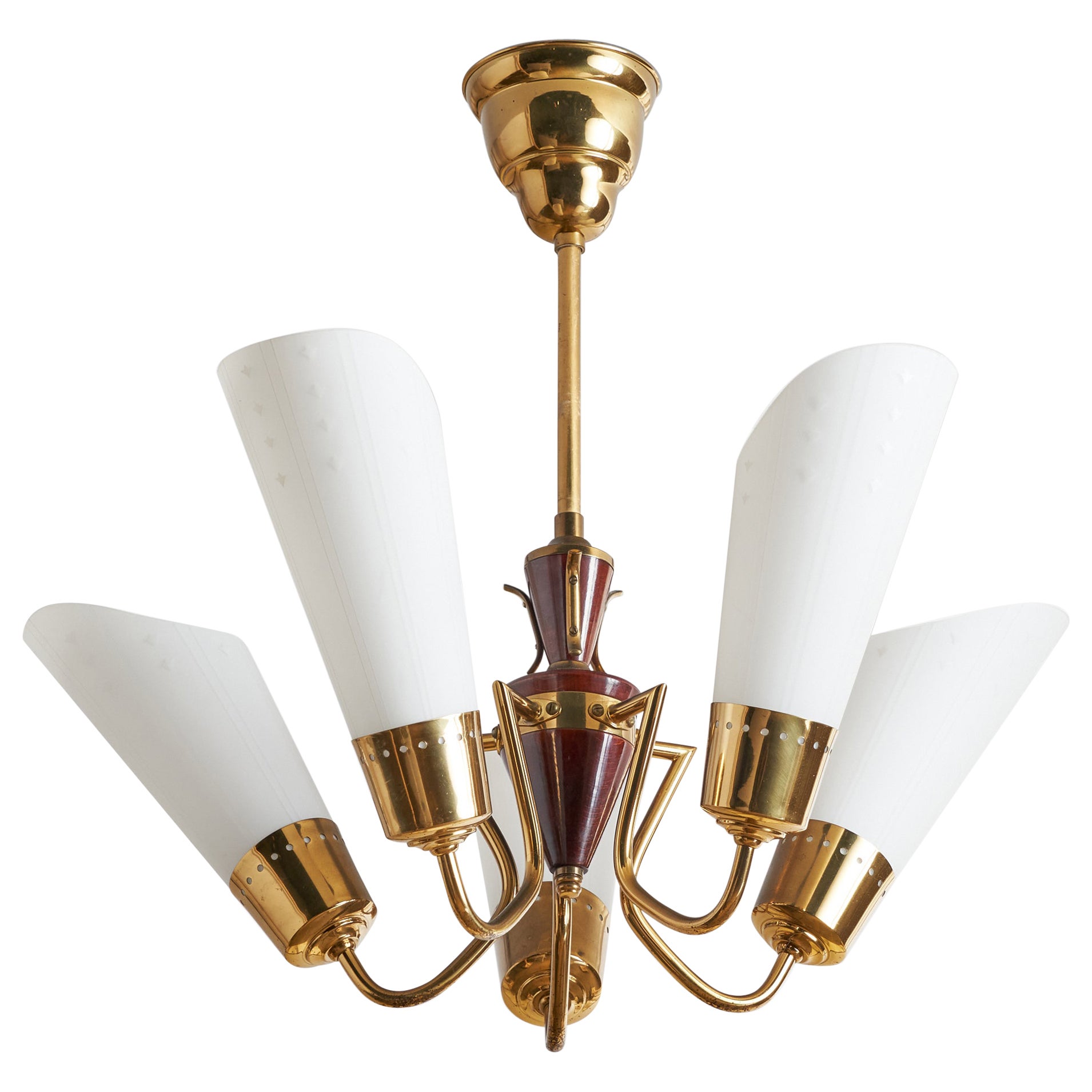 Swedish Designer, Chandelier, Brass, Glass, Wood, Sweden, 1940s For Sale