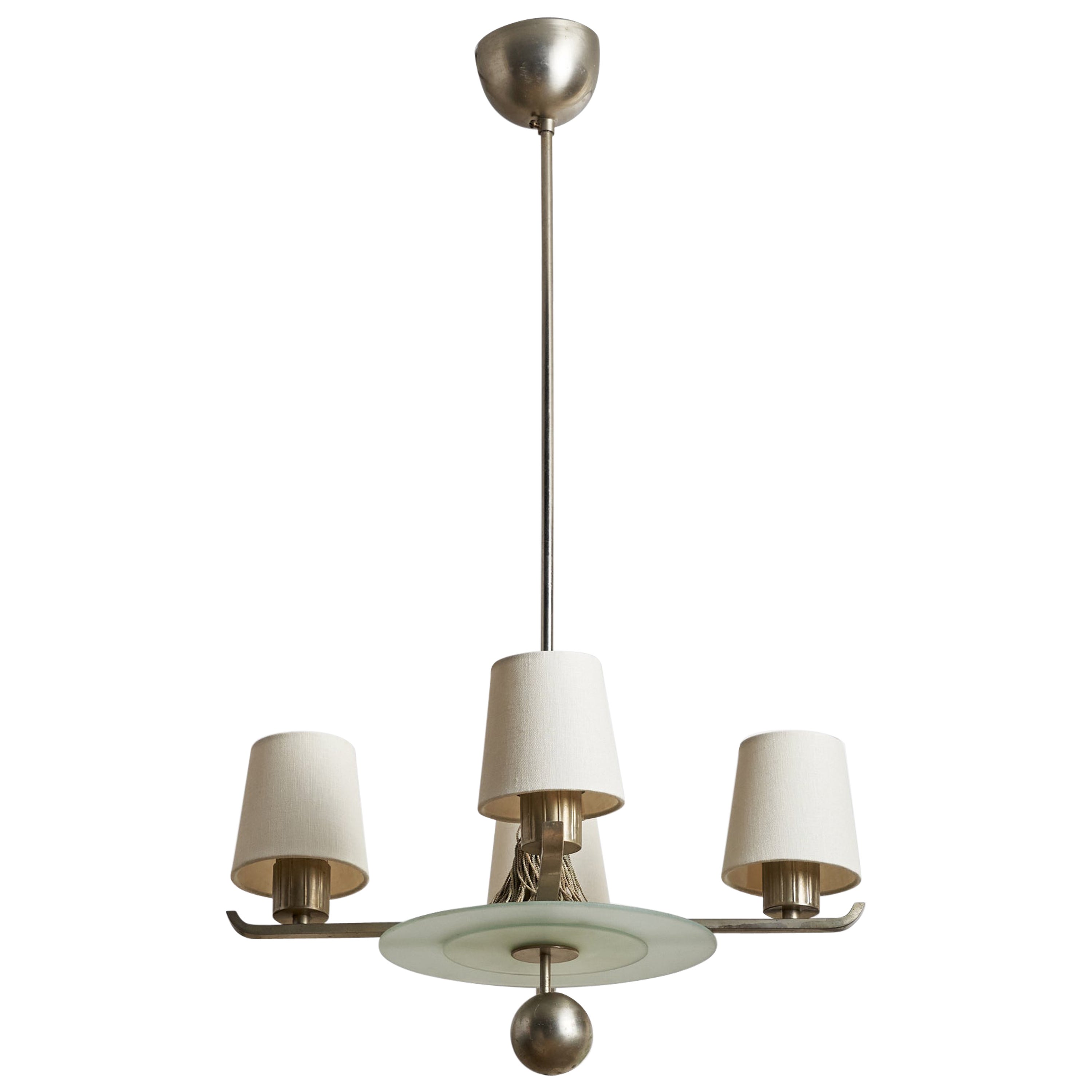 Swedish Designer, Chandelier, Metal, Fabric, Glass, Sweden, 1930s For Sale