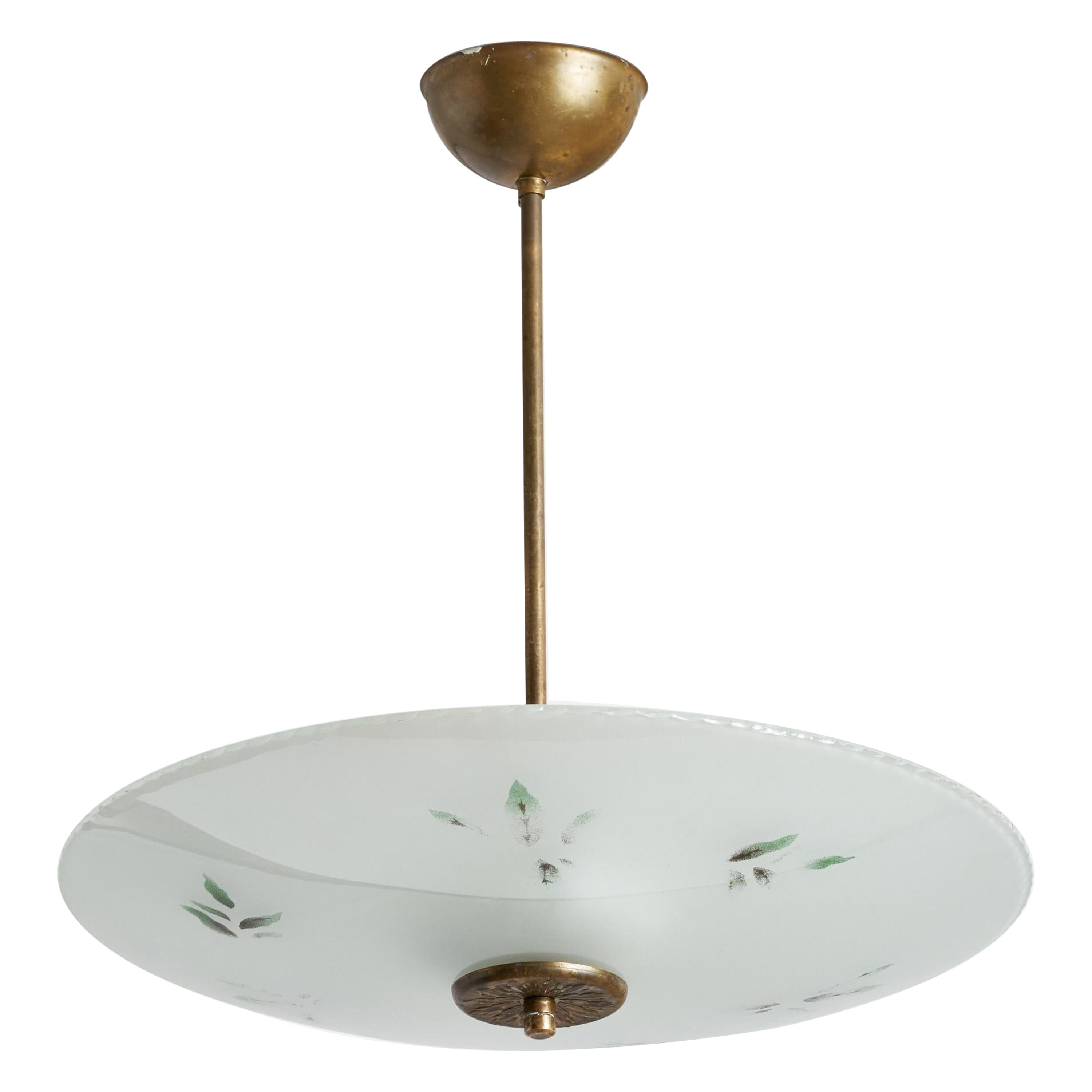 Swedish Designer, Pendant Light, Brass, Glass, Sweden, 1930s For Sale