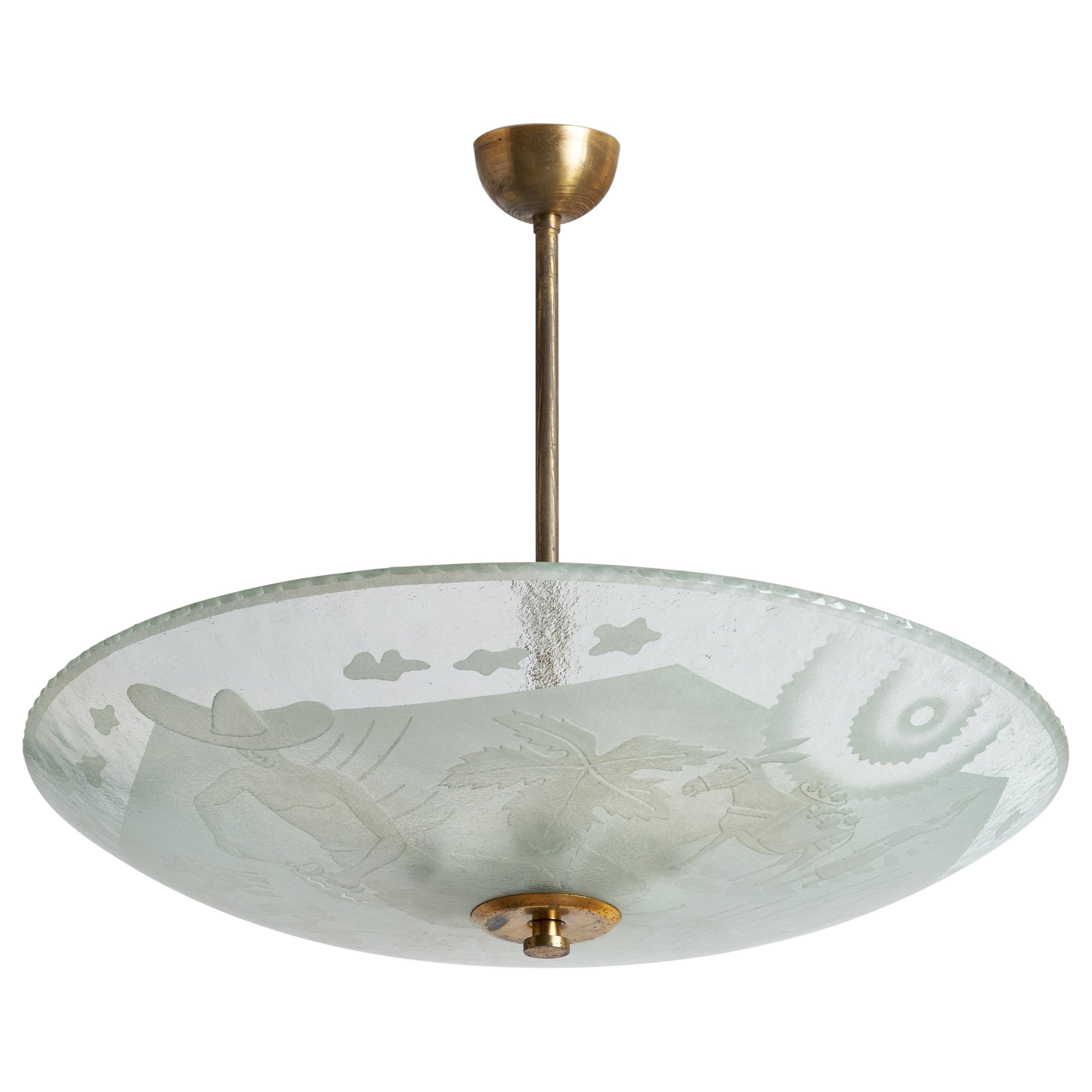 Swedish Designer, Pendant Light, Brass, Glass, Sweden, 1940s For Sale