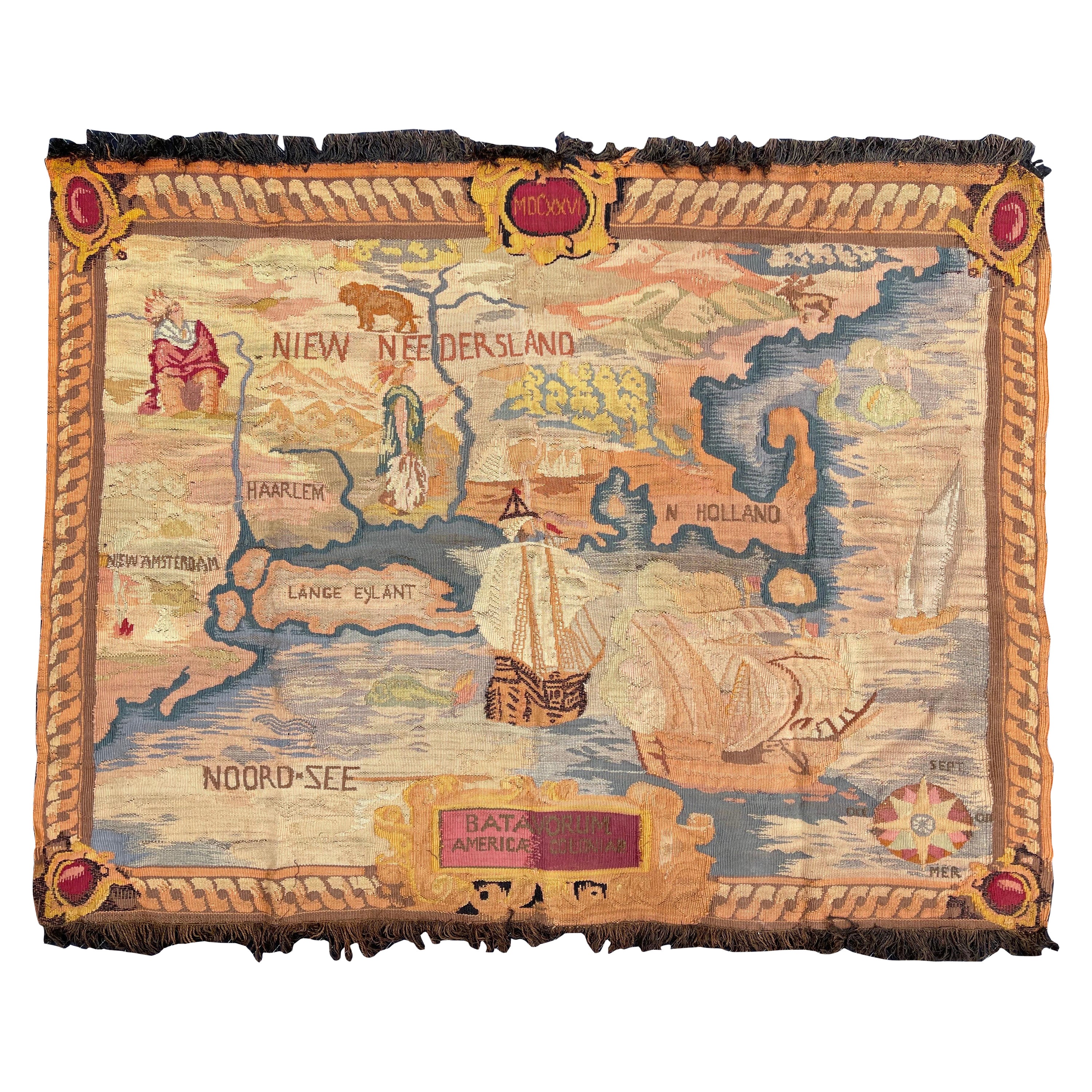 c.1900 Handwoven French Tapestry Map New Netherlands, Amsterdam, 1626 New York For Sale