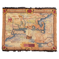 Antique c.1900 Handwoven French Tapestry Map New Netherlands, Amsterdam, 1626 New York
