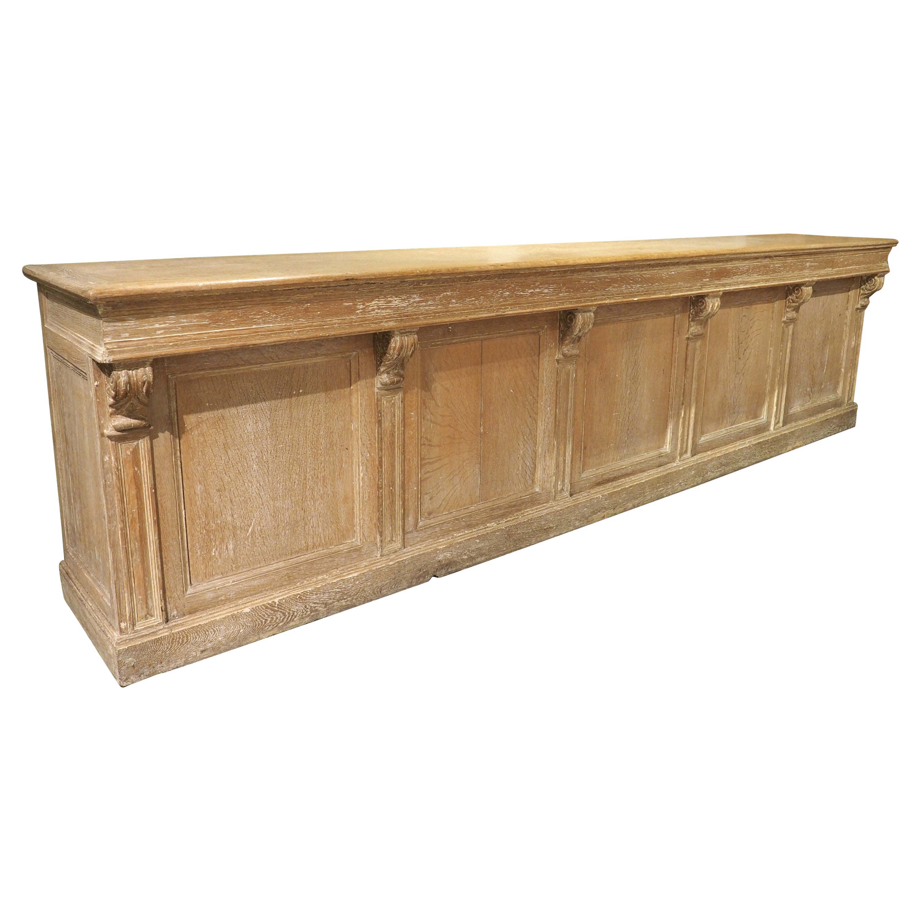 A Long Antique French Oak Shop Counter, Circa 1900, 124.5 Inches For Sale