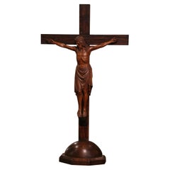 Early 20th Century French Carved Oak Free Standing Crucifix Signed Dated 1923