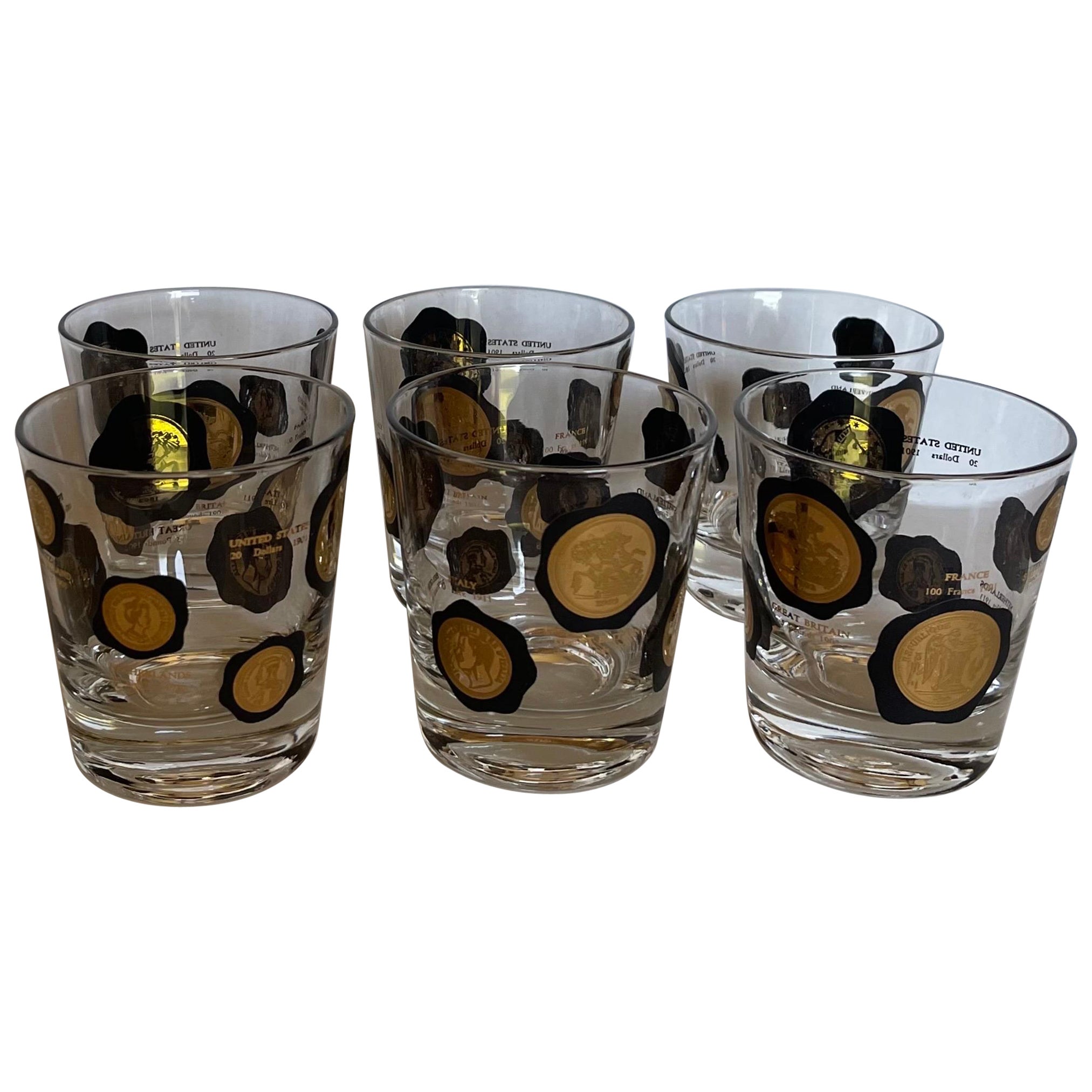 1960s Black & Gold Coin Small Cocktail Glasses by Cera, Set of 6 For Sale