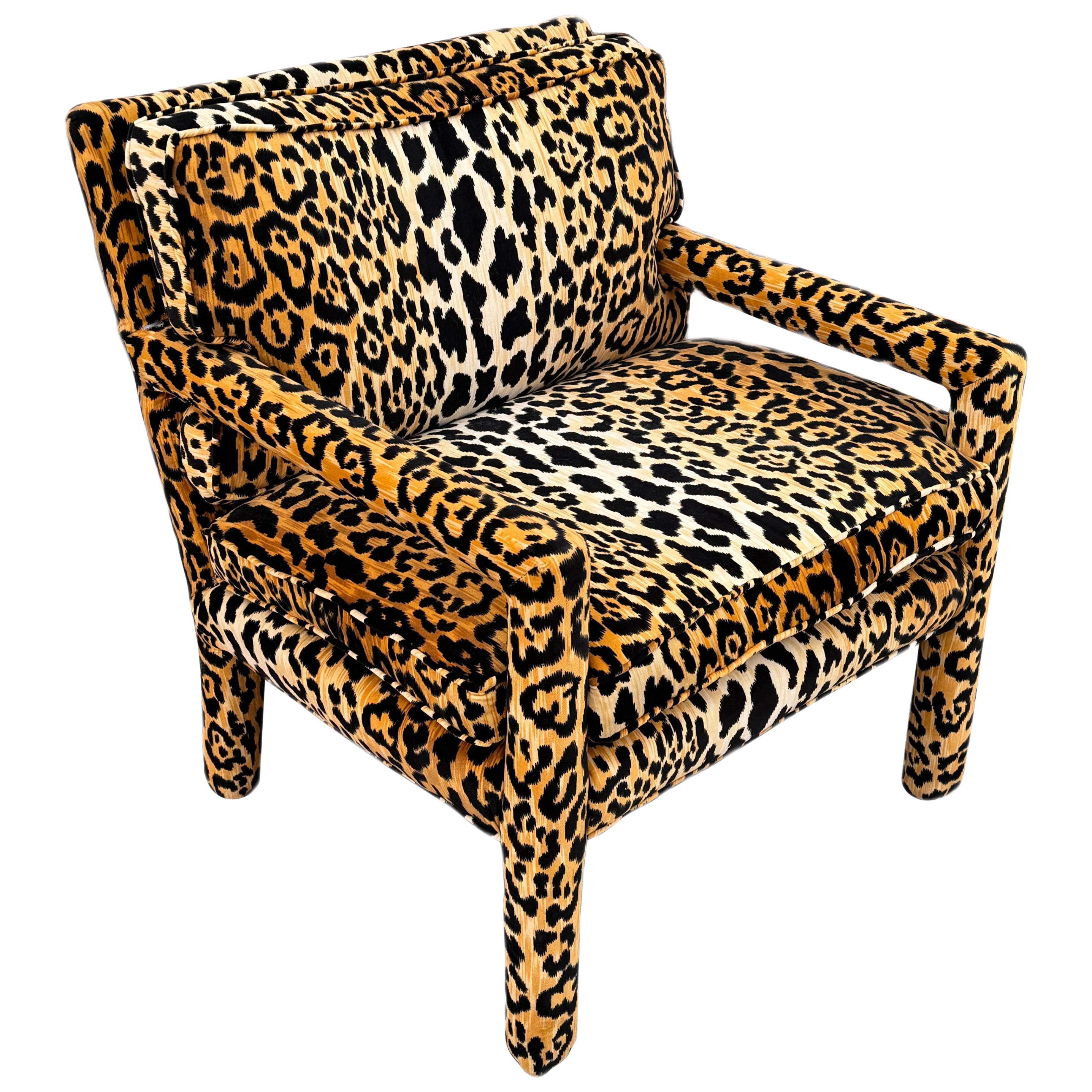 Milo Baughman Style Modern Parsons Chair in Leopard Velvet