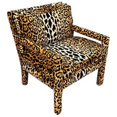 Vintage Milo Baughman Style Modern Parsons Chair in Leopard Velvet
