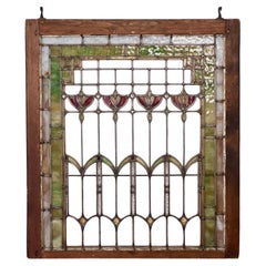 Antique Arts and Crafts Leaded Stained and Clear Glass Window with Wood Frame