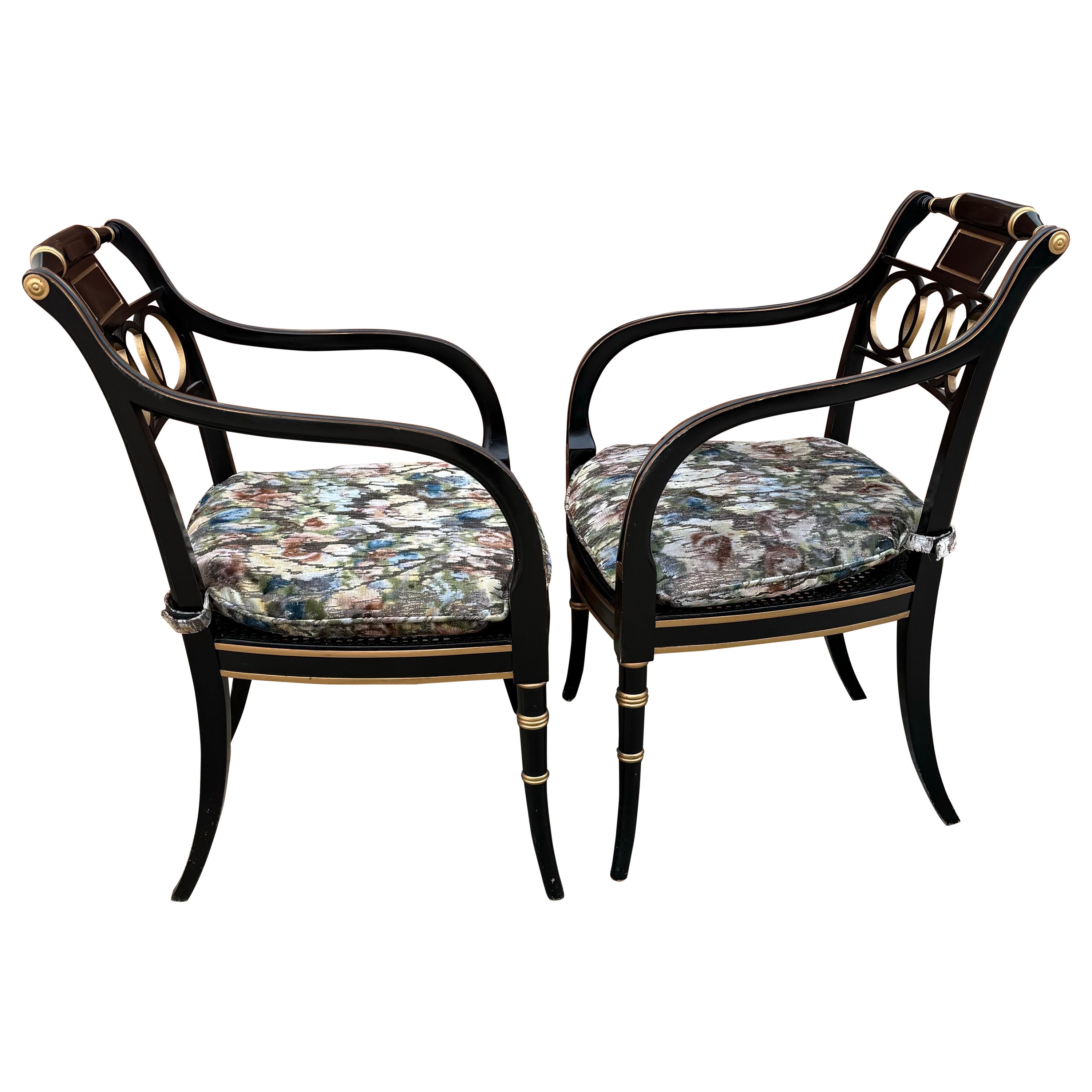 Baker Furniture Ebonized and Gold Gilt Regency Style Armchairs, Pair