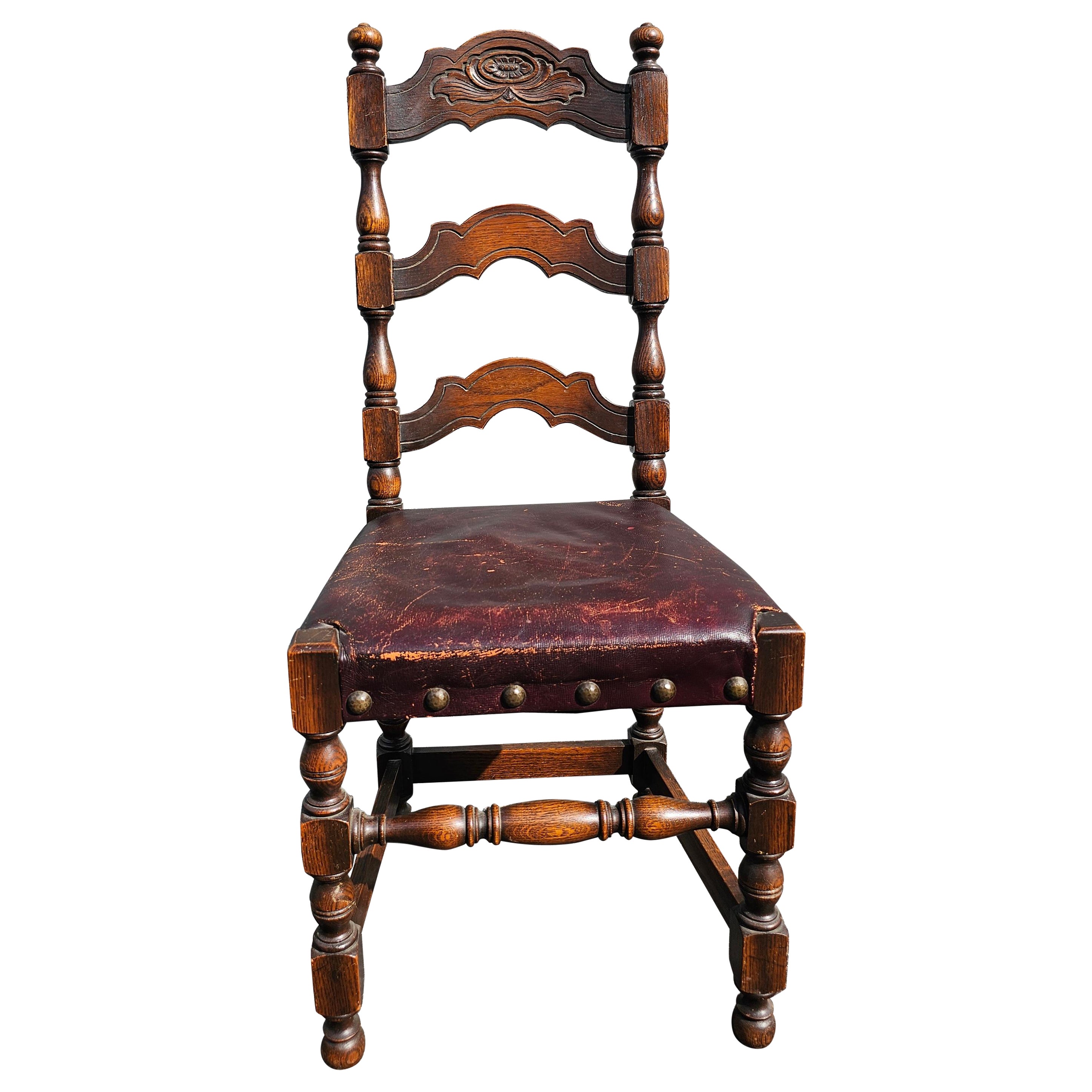 Jacobean Revival Style Leather Upholstered Oak Side Chair, 19th-20th Century For Sale
