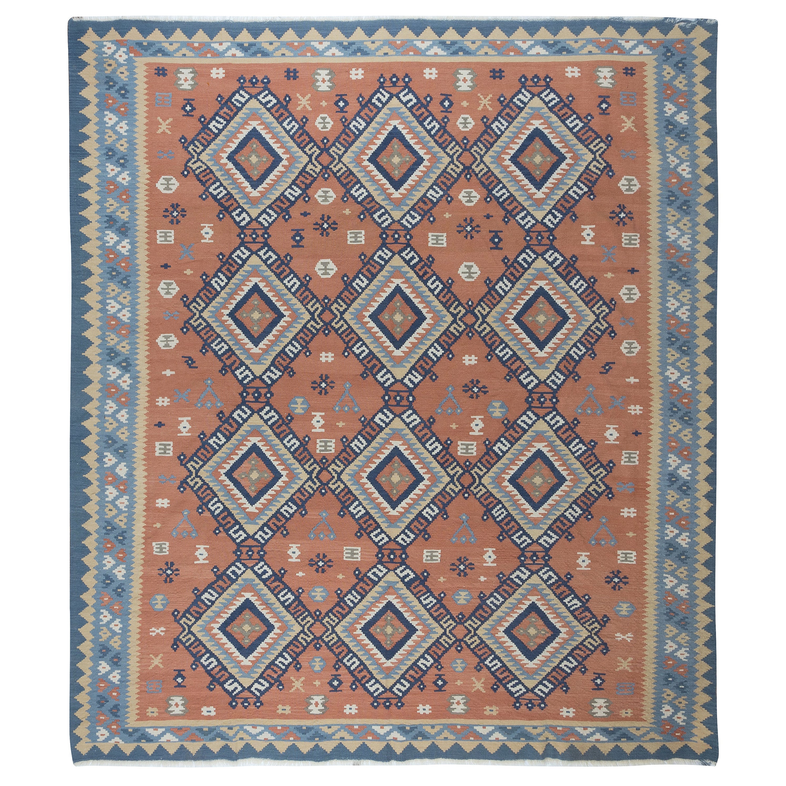 8.5x9.2 Ft Swedish Hand-Woven Vintage Wool Kilim Rug with Geometric Details For Sale
