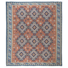 8.5x9.2 Ft Swedish Hand-Woven Retro Wool Kilim Rug with Geometric Details